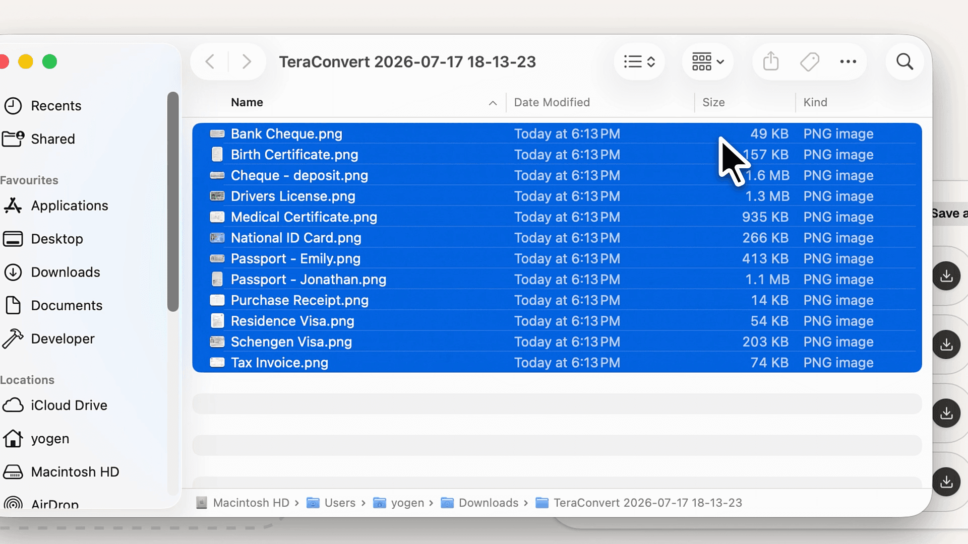 A Finder window showing the converted PNG files saved to a dated TeraConvert folder in Downloads