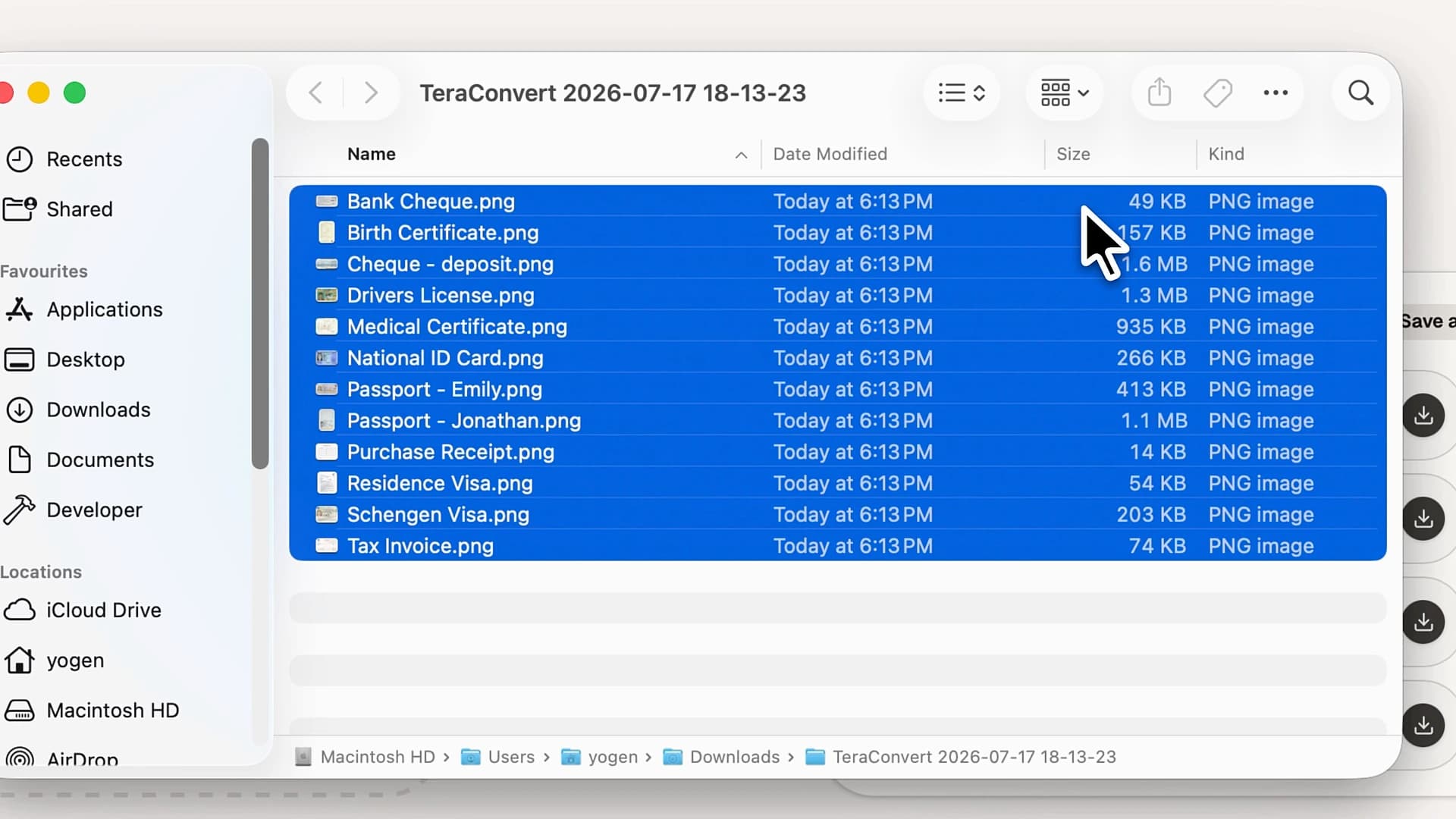 A Finder window showing the converted PNG files saved to a dated TeraConvert folder in Downloads
