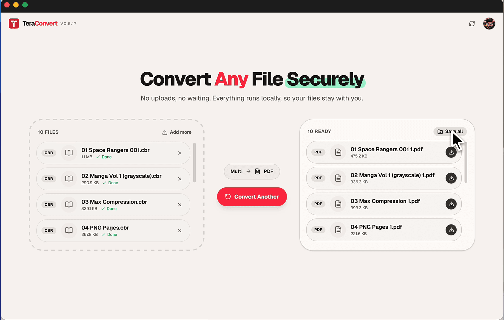 TeraConvert on macOS showing ten CBR files converted to ten PDF files, ready to save