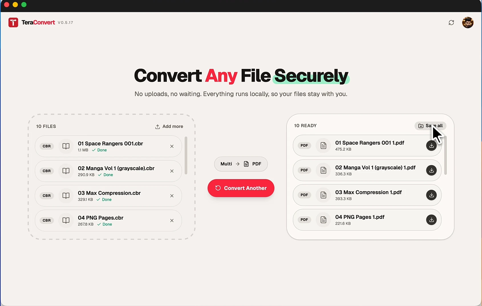 TeraConvert on macOS showing ten CBR files converted to ten PDF files, ready to save