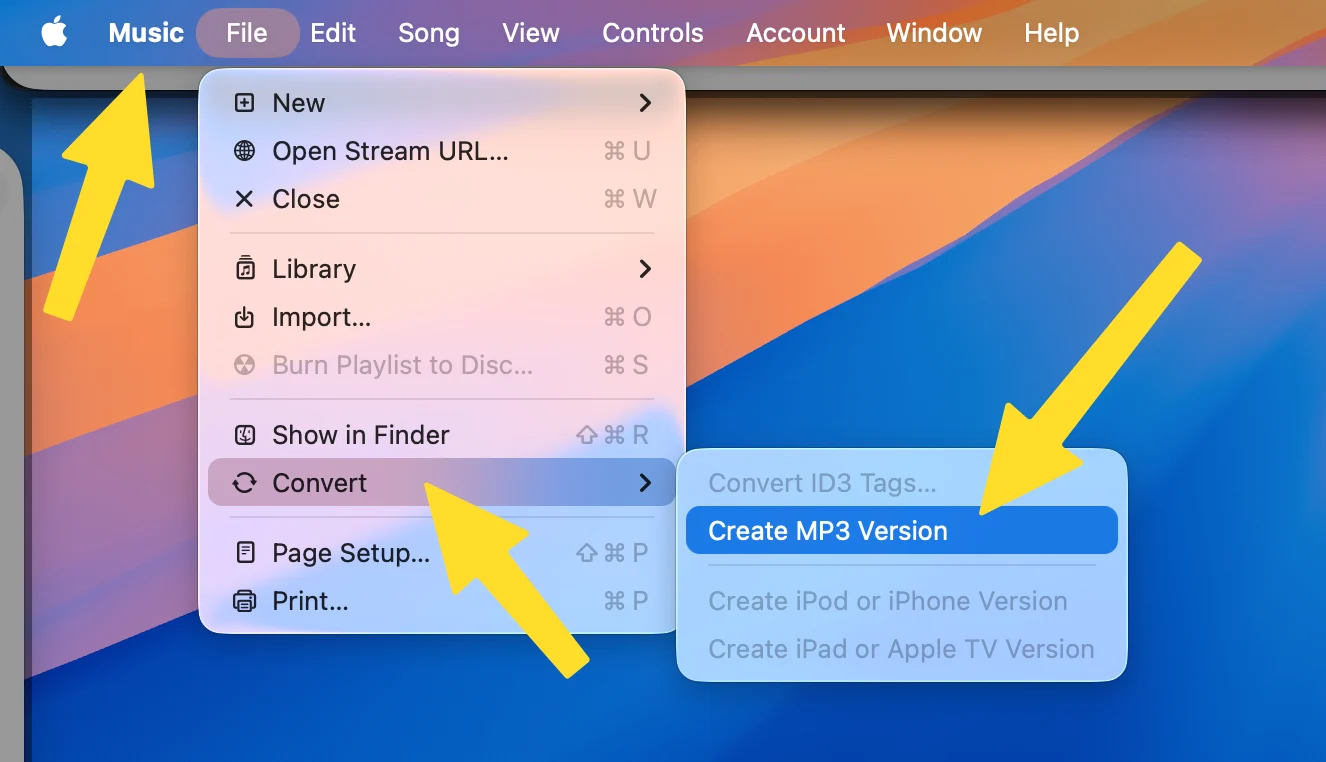 The Music app menu bar with File open, Convert highlighted, and Create MP3 Version selected in the submenu