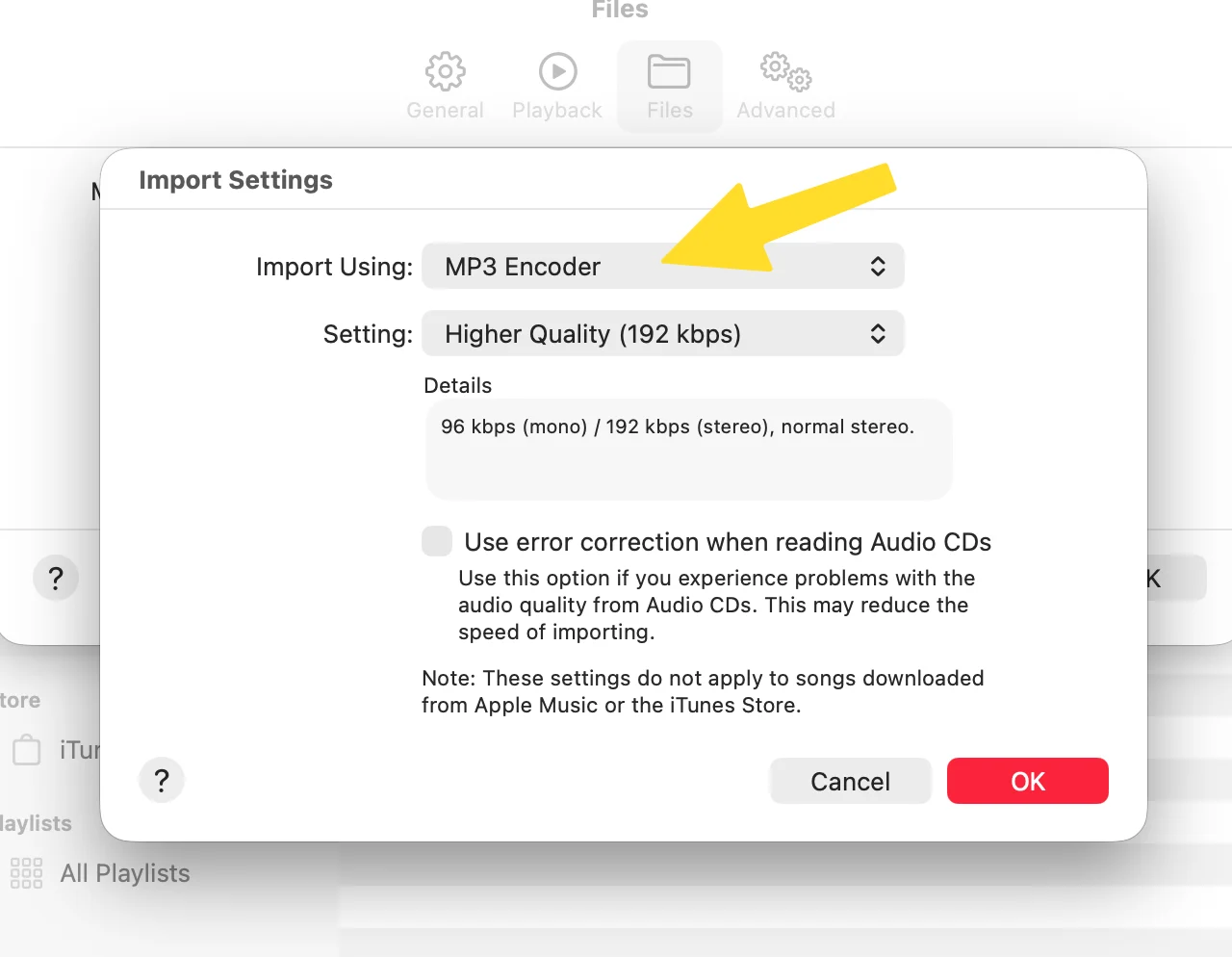 The Music app Import Settings dialog with Import Using set to MP3 Encoder and Setting on Higher Quality, 192 kbps