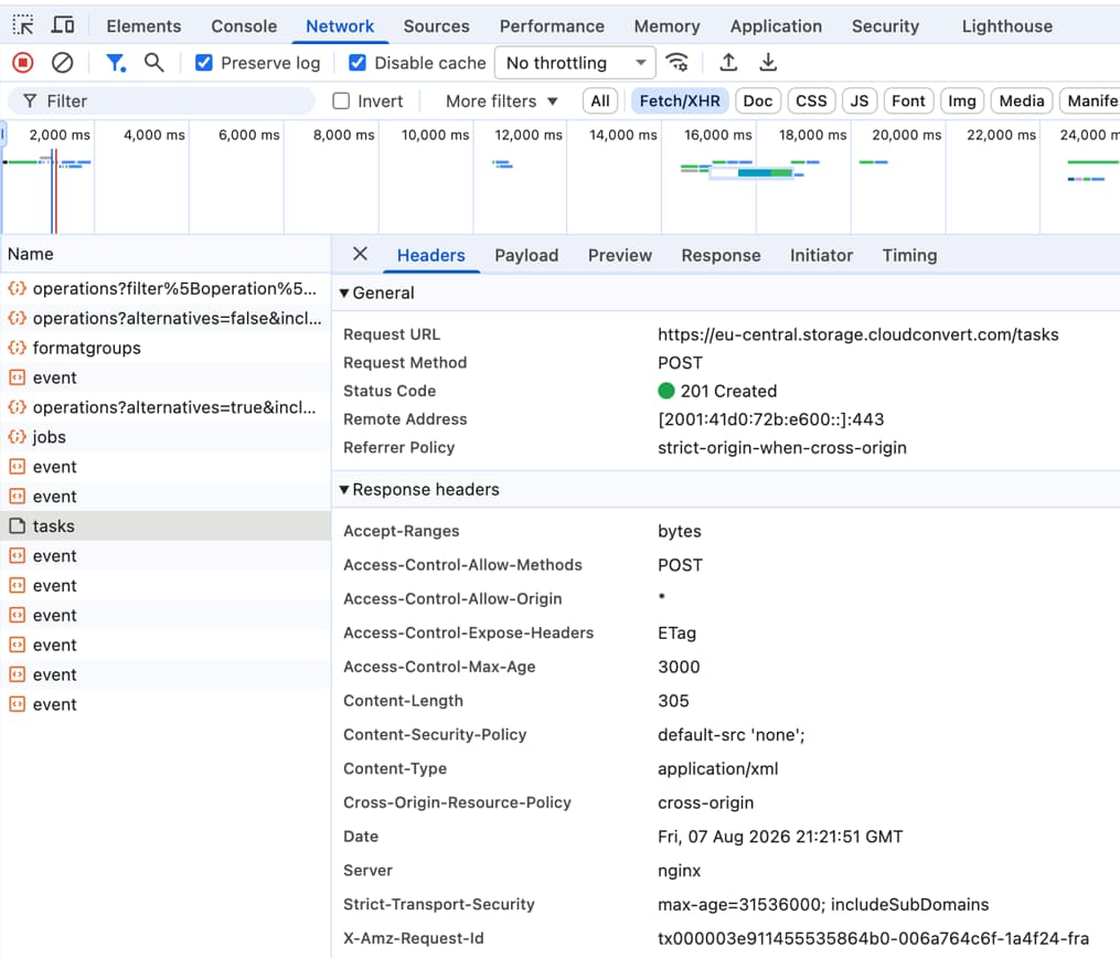 Browser network panel showing a POST request to eu-central.storage.cloudconvert.com carrying the uploaded file