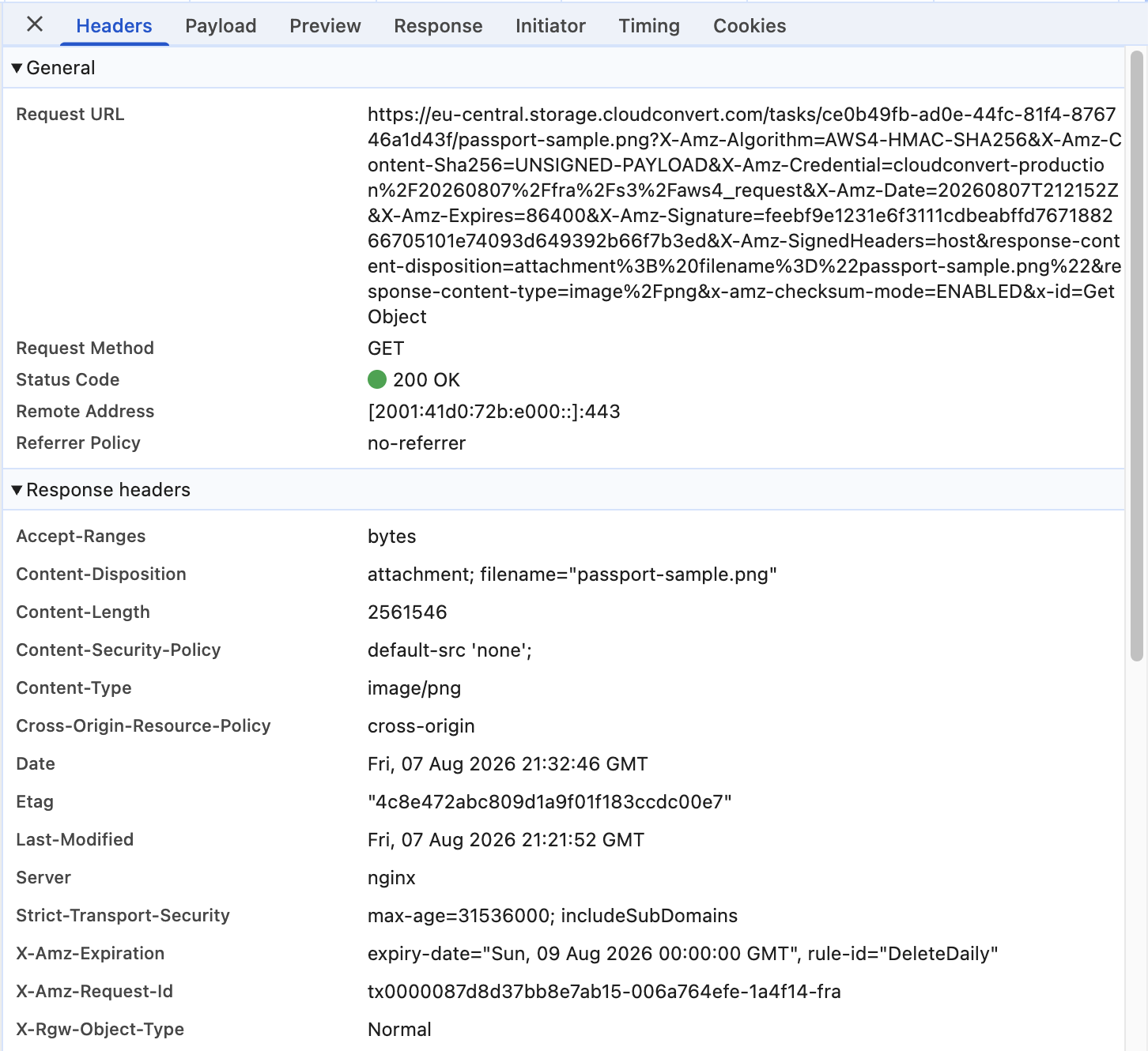 CloudConvert download request showing X-Amz-Expires set to 86400 seconds, a Frankfurt region code in the credential, and an X-Amz-Expiration lifecycle header naming the DeleteDaily rule