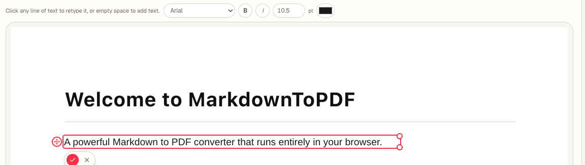 A line of PDF text open for editing, with the toolbar showing the detected font Arial, bold and italic buttons, and a size of 10.5 points