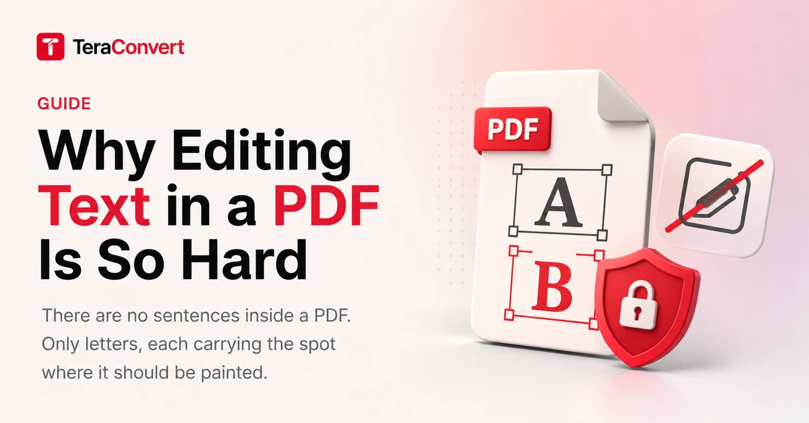 Illustration of a PDF page with selection handles around the letters A and B, a crossed-out edit pencil, and a padlock shield