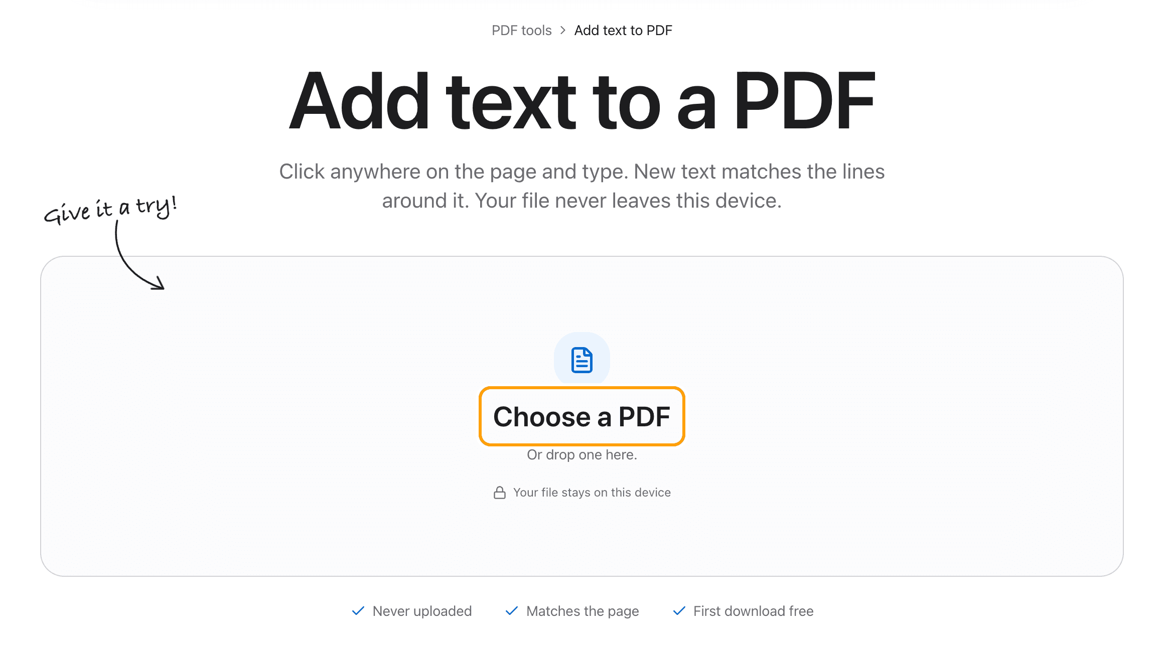 The Add text to PDF tool before a file is added, with the Choose a PDF box highlighted.