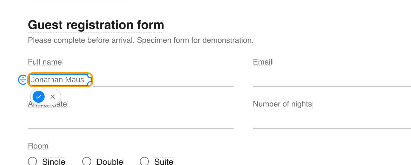 A text box open on a flat hotel registration form, with Jonathan Maus typed under Full name, highlighted.