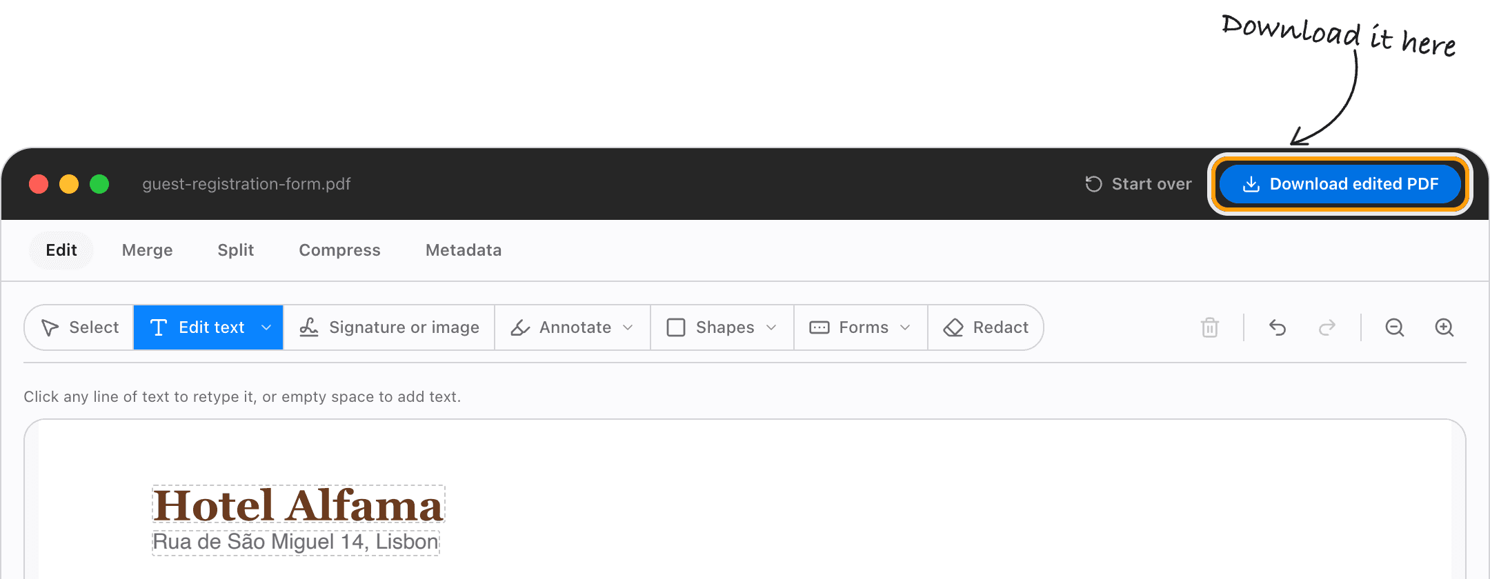 The editor's Download edited PDF button, highlighted, above the filled-in form.