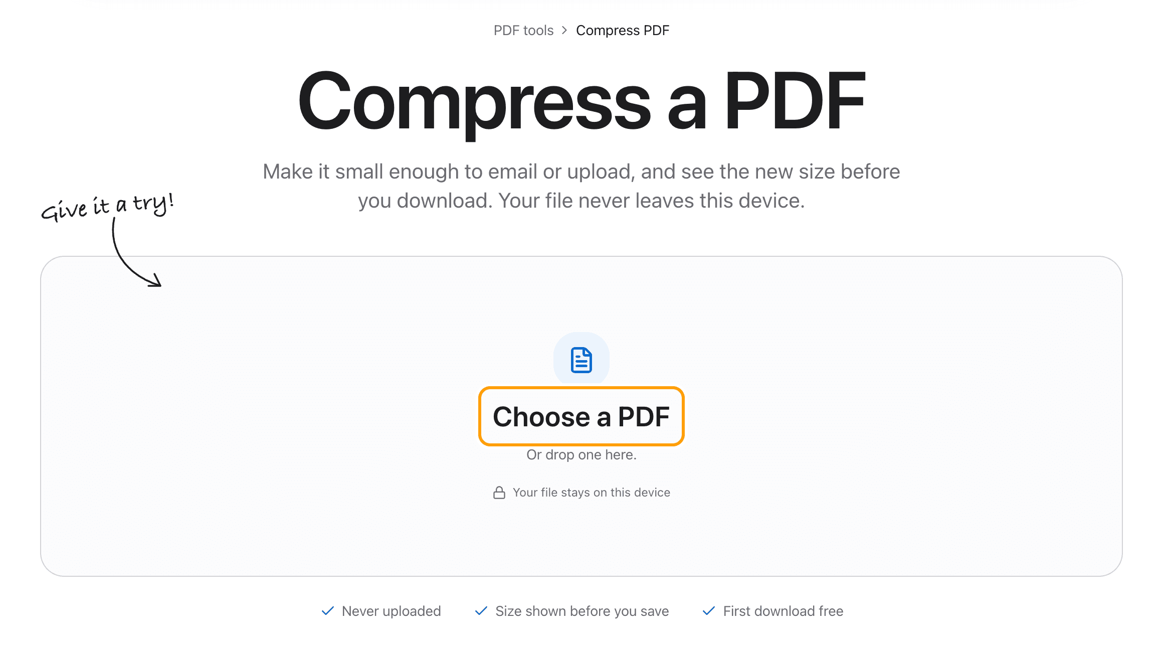 The Compress PDF tool before a file is added, with the Choose a PDF box highlighted.