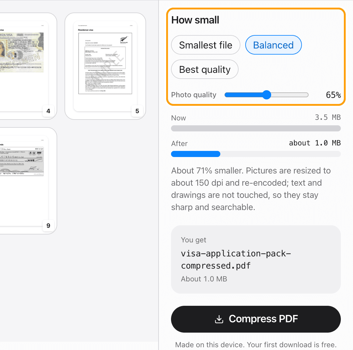 The How small panel with the Smallest file, Balanced and Best quality presets and the photo quality slider highlighted.