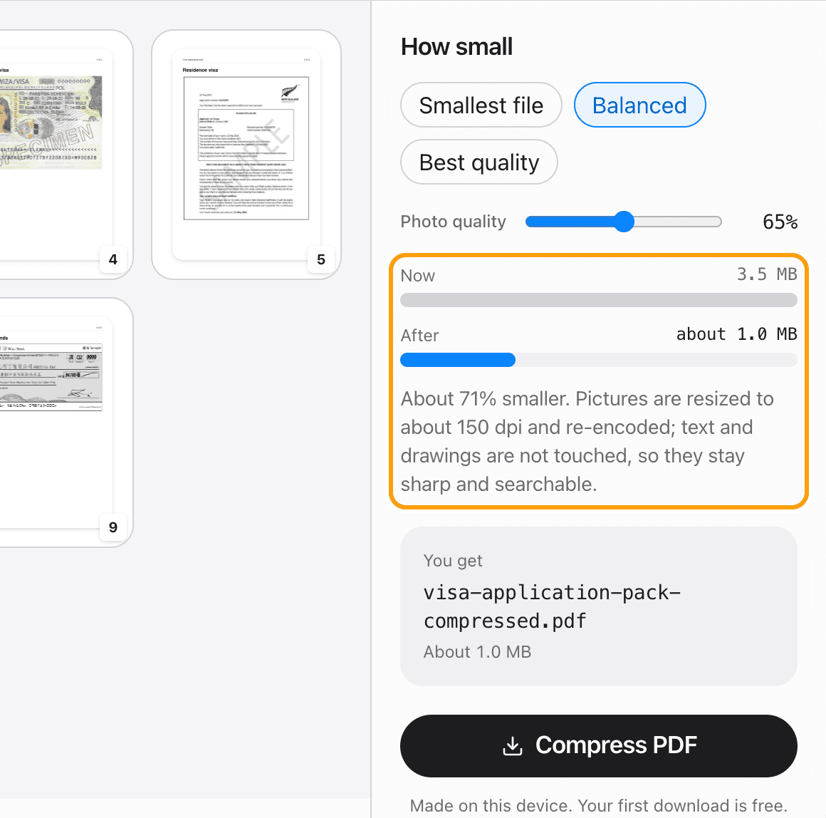 Before and after size bars showing the PDF becoming much smaller, highlighted.