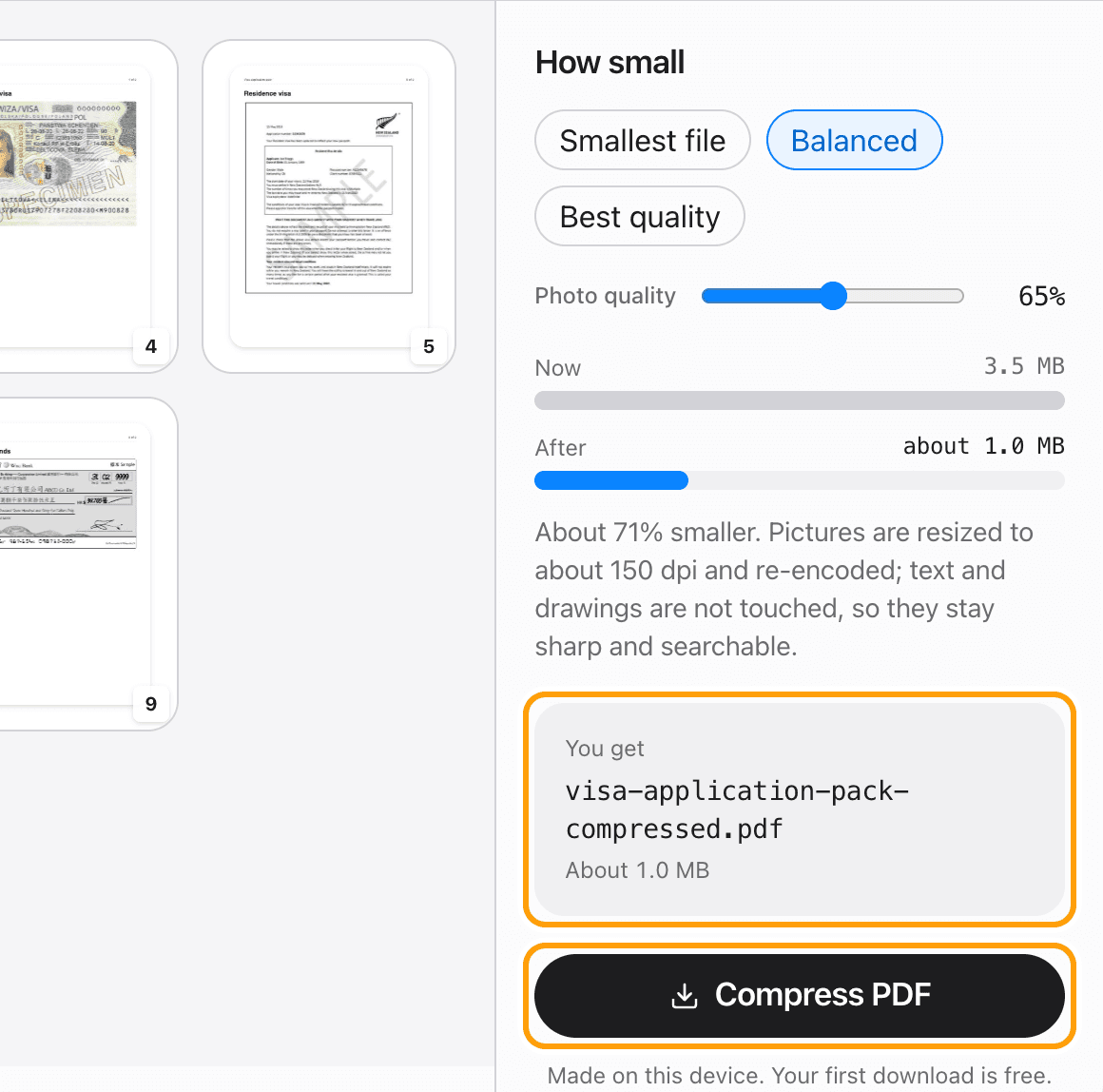 The output file name and the Compress PDF button, highlighted.