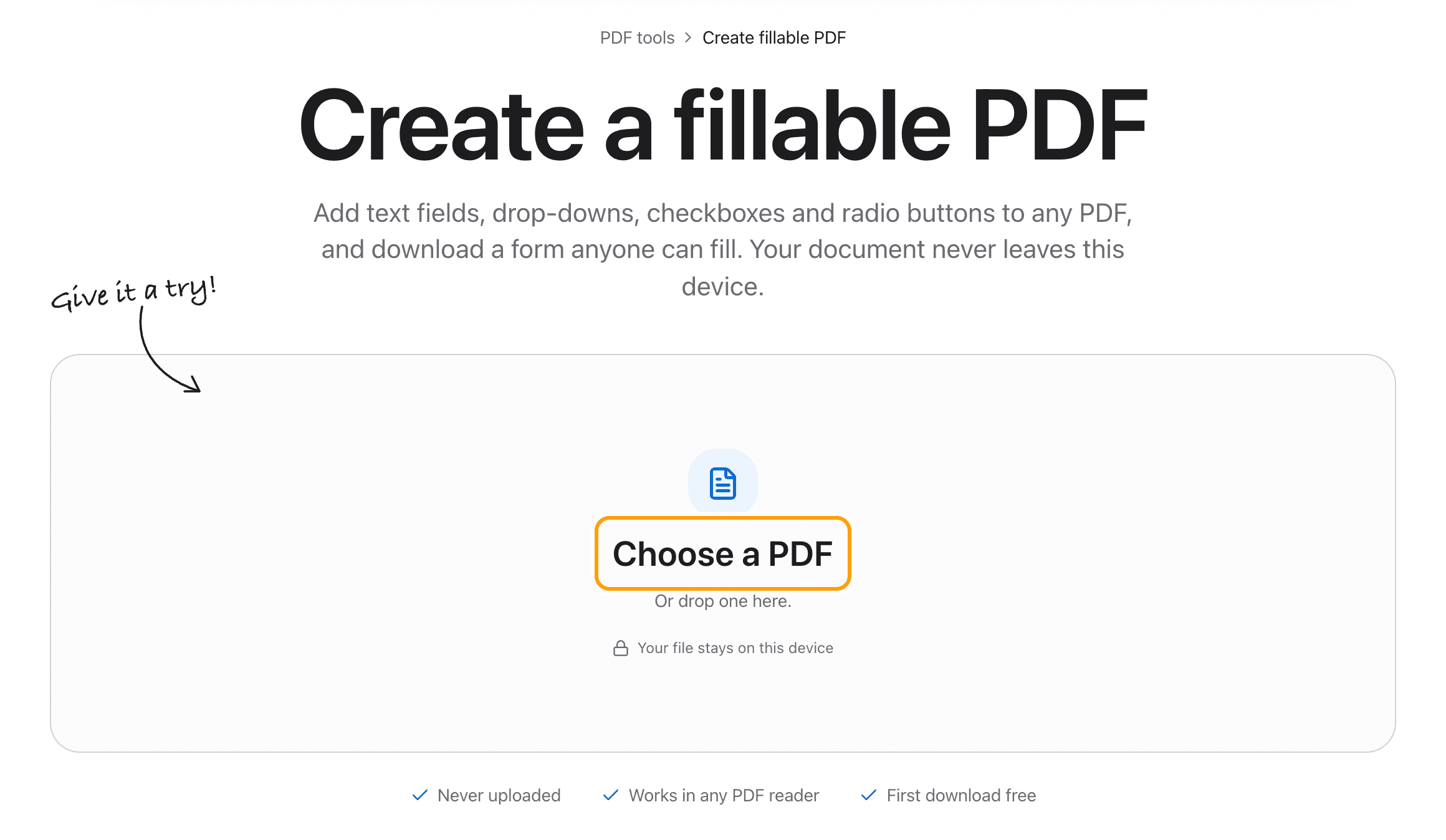 The Create fillable PDF tool before a file is added, with the Choose a PDF box highlighted.
