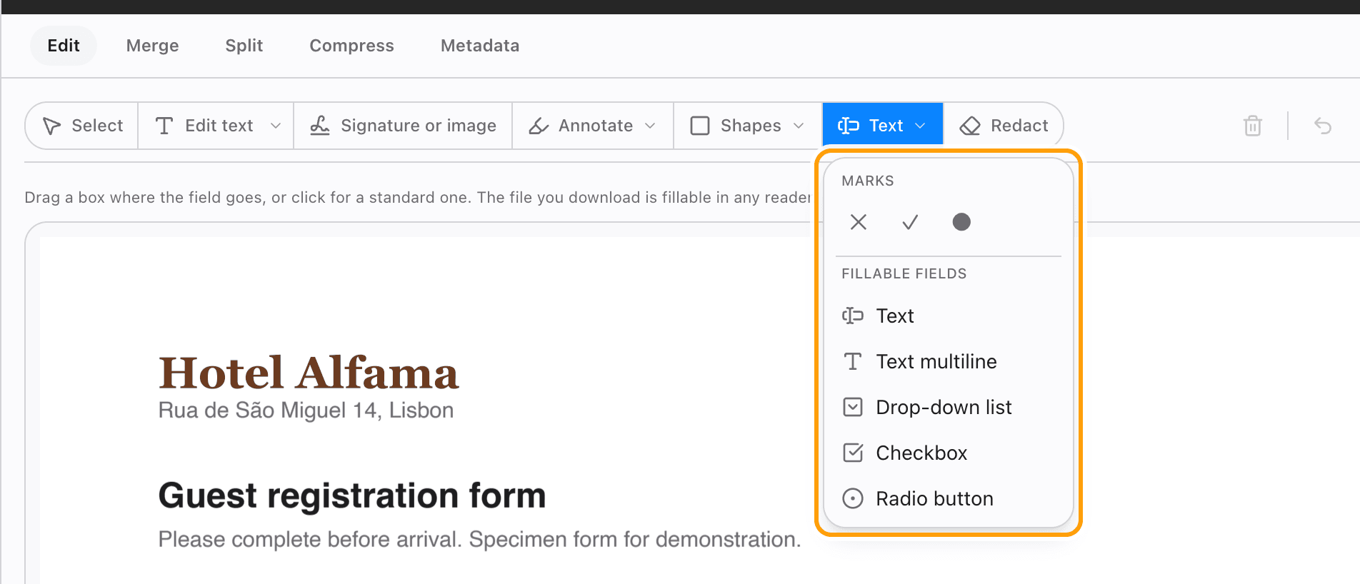 The Form fields menu open, showing Text, Text multiline, Drop-down list, Checkbox and Radio button, highlighted.