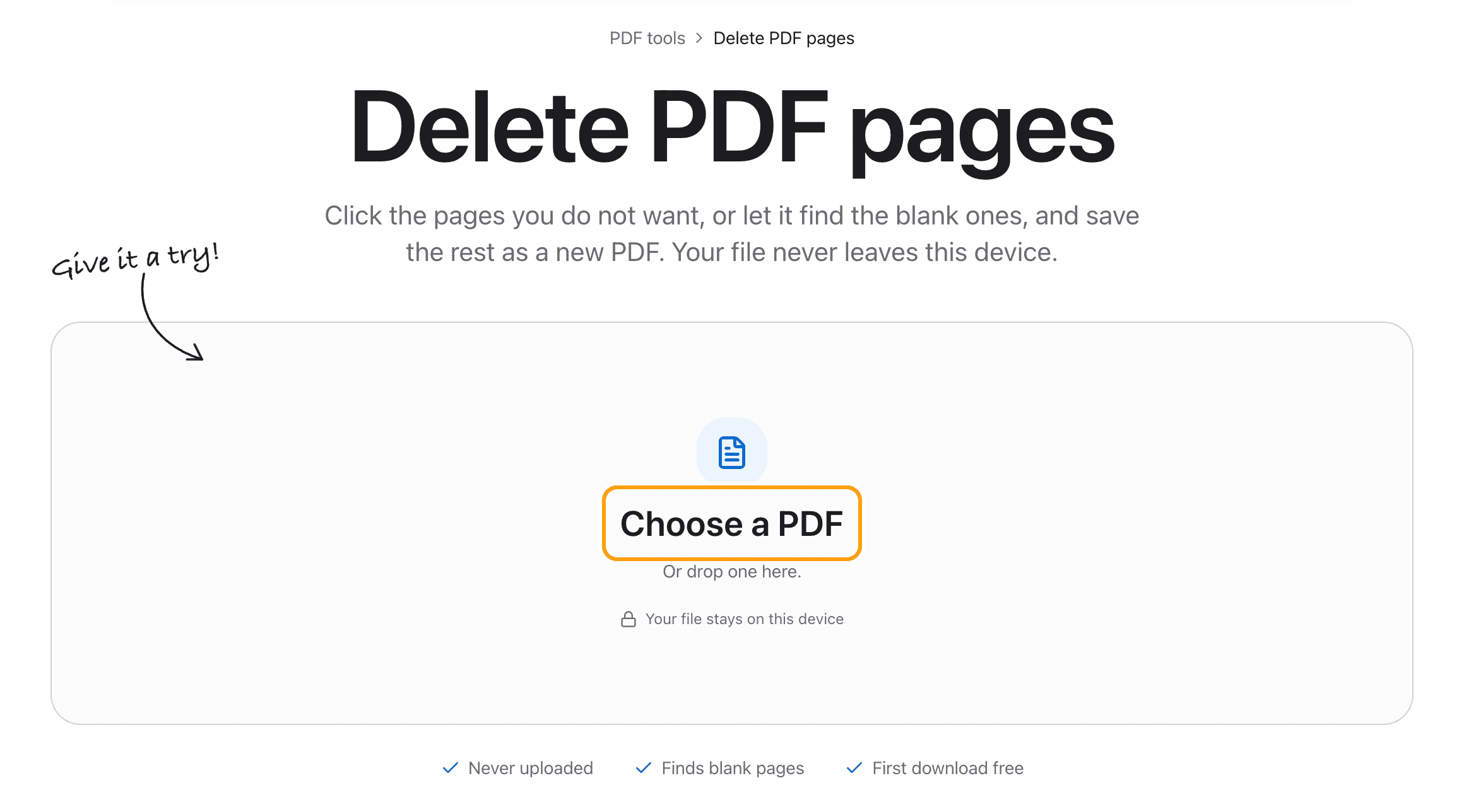 The Delete PDF pages tool before a file is added, with the Choose a PDF box highlighted.