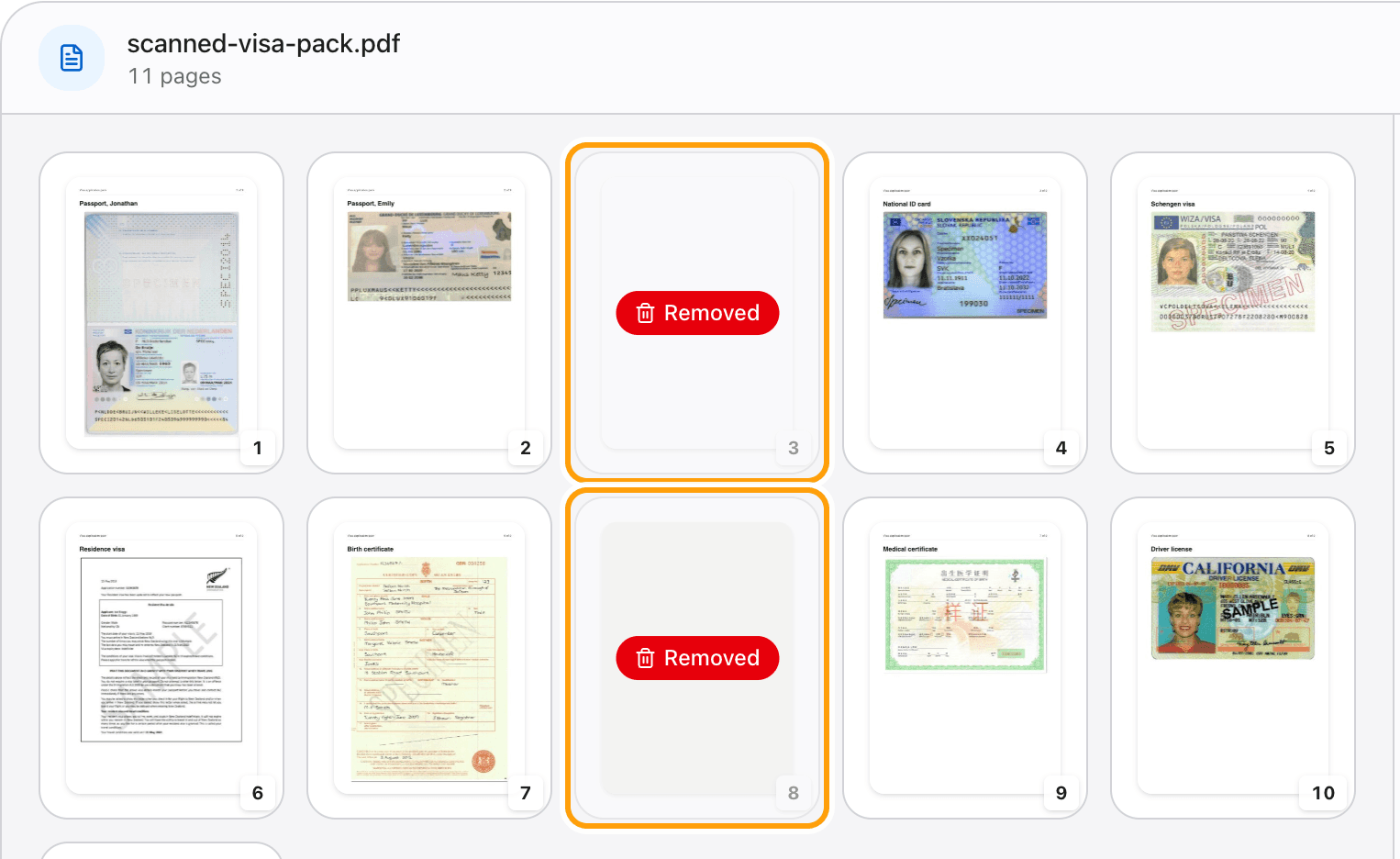 Page thumbnails of a scanned visa application pack, with two pages tagged Removed and highlighted.