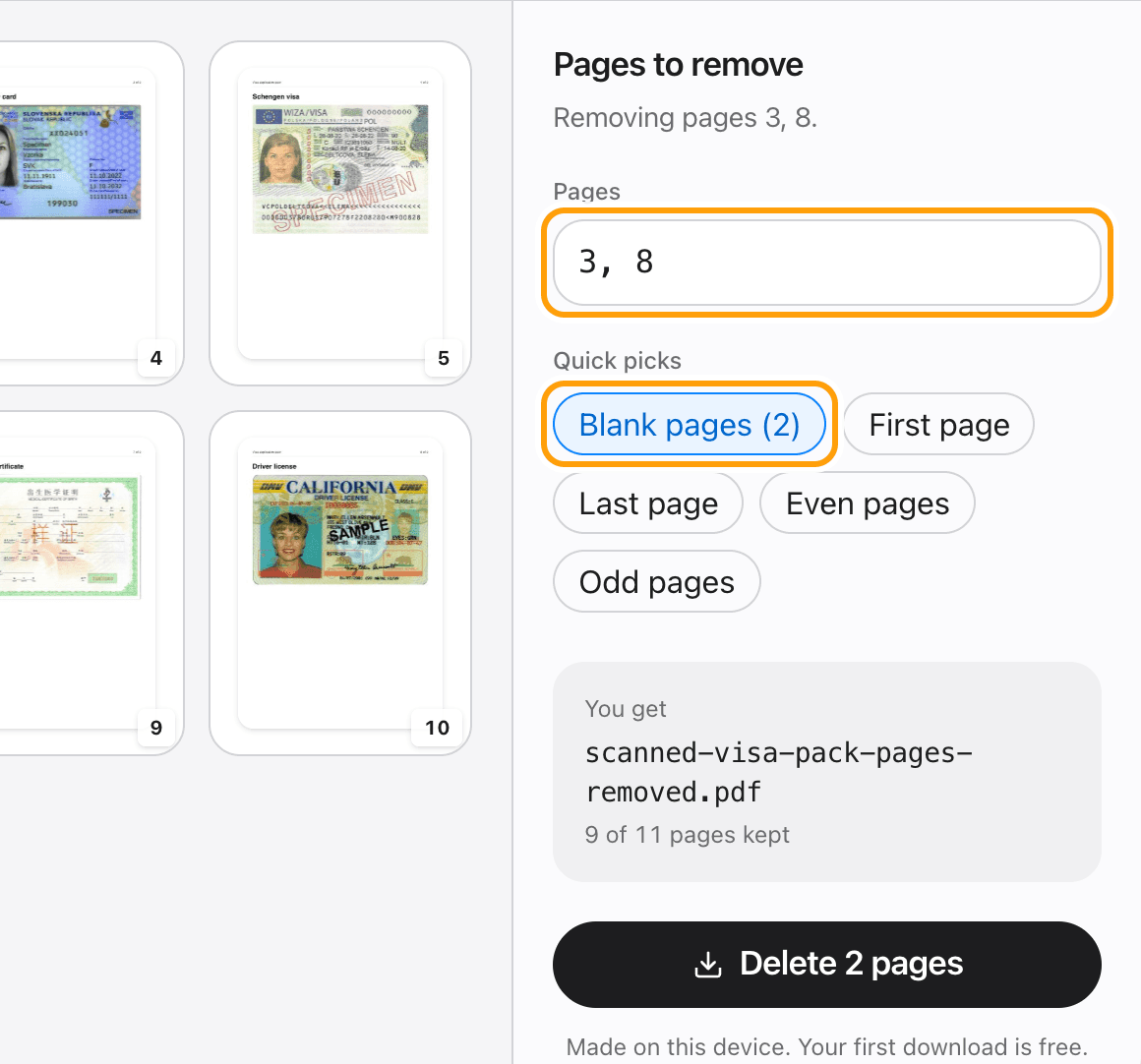 The Pages to remove panel with the page field and the Blank pages quick pick highlighted.