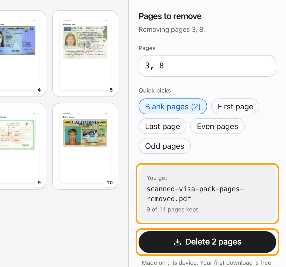 The number of pages kept and the Delete 2 pages button, highlighted.