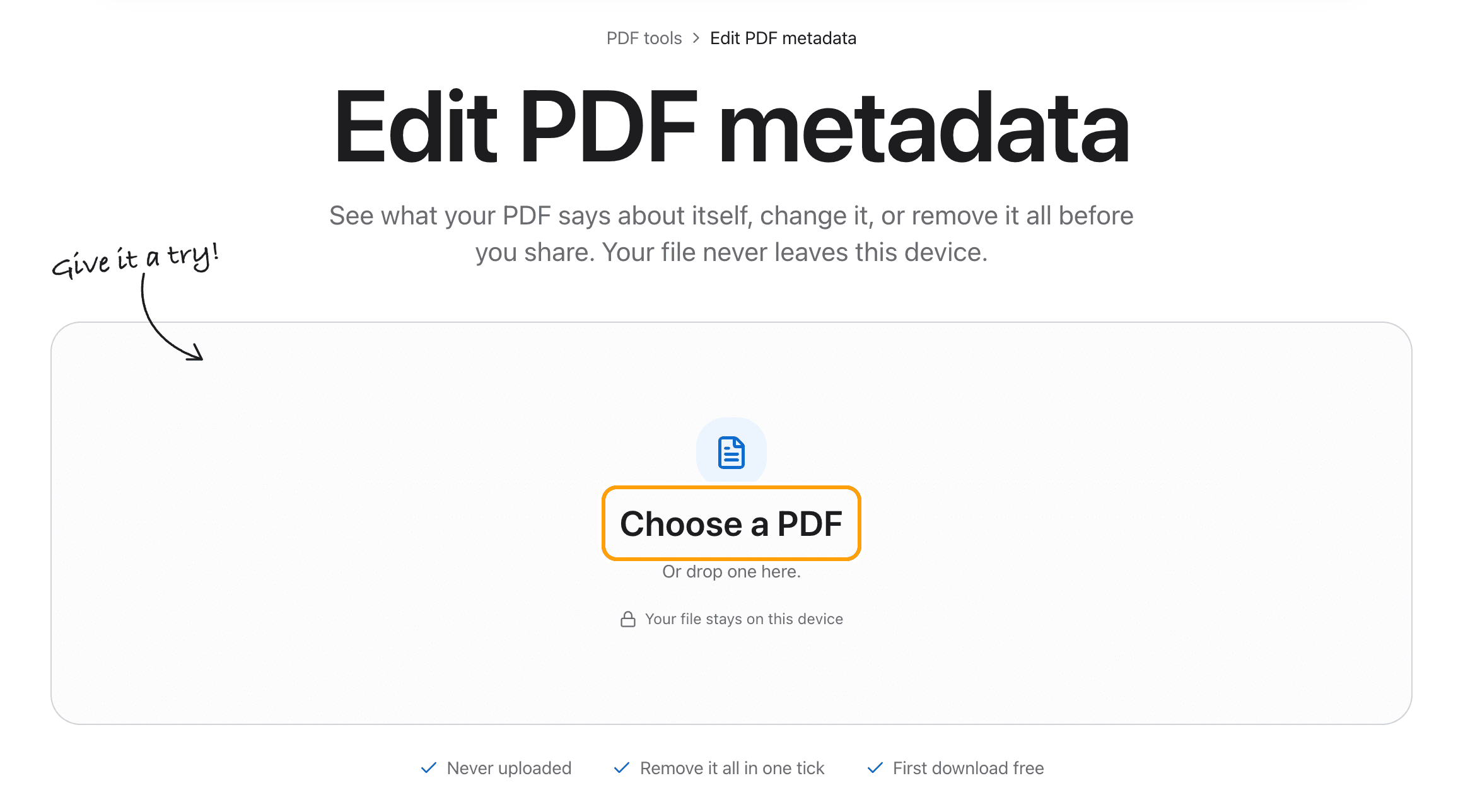The Edit PDF metadata tool before a file is added, with the Choose a PDF box highlighted.