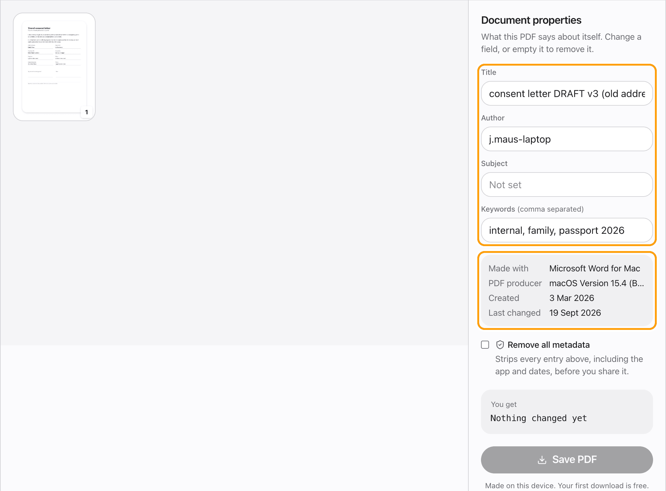 The Document properties panel showing a draft title, an author name, keywords, and the app and dates that made the file, highlighted.