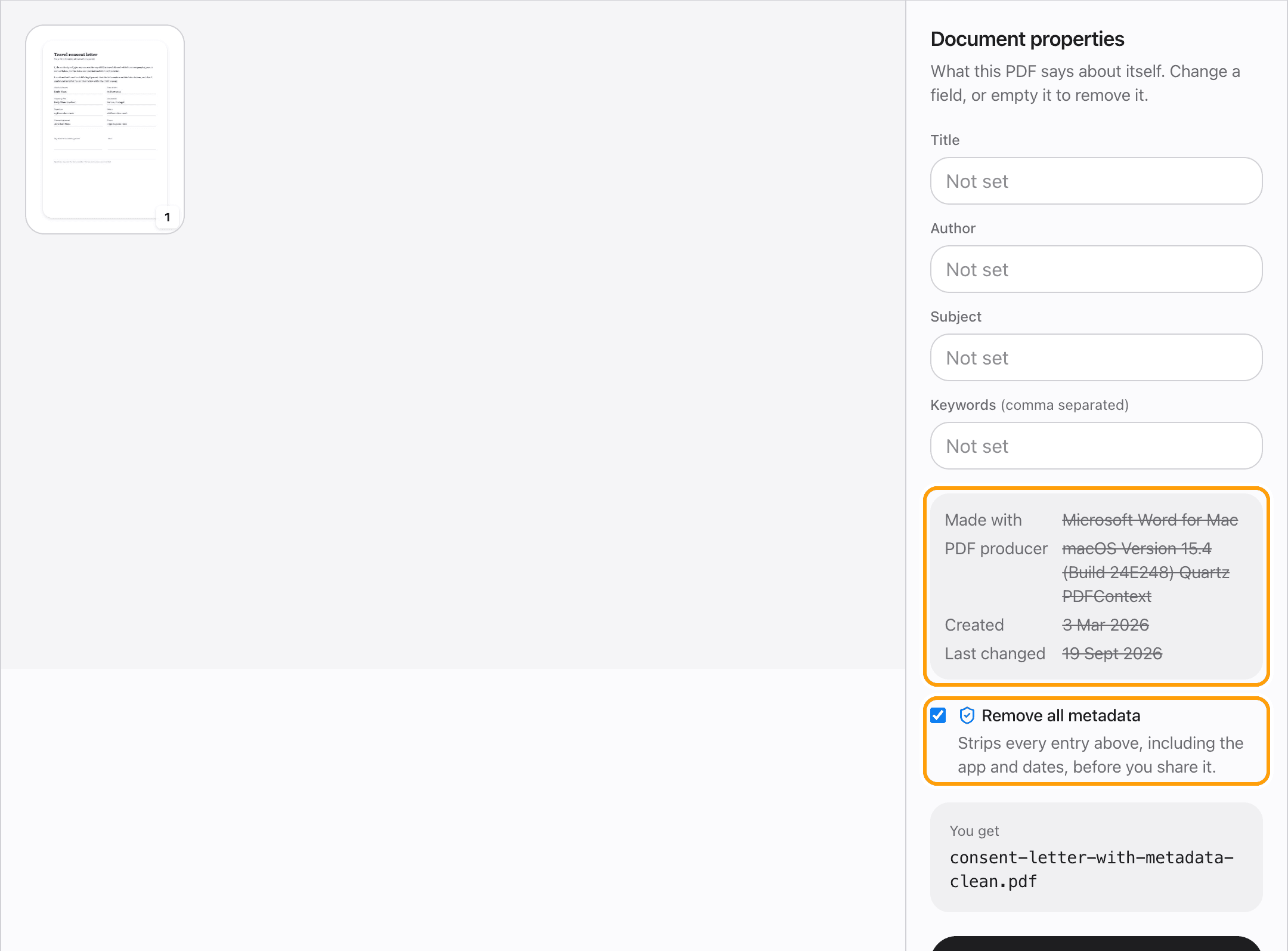 Remove all metadata ticked, with every field emptied and the app and dates struck through, highlighted.