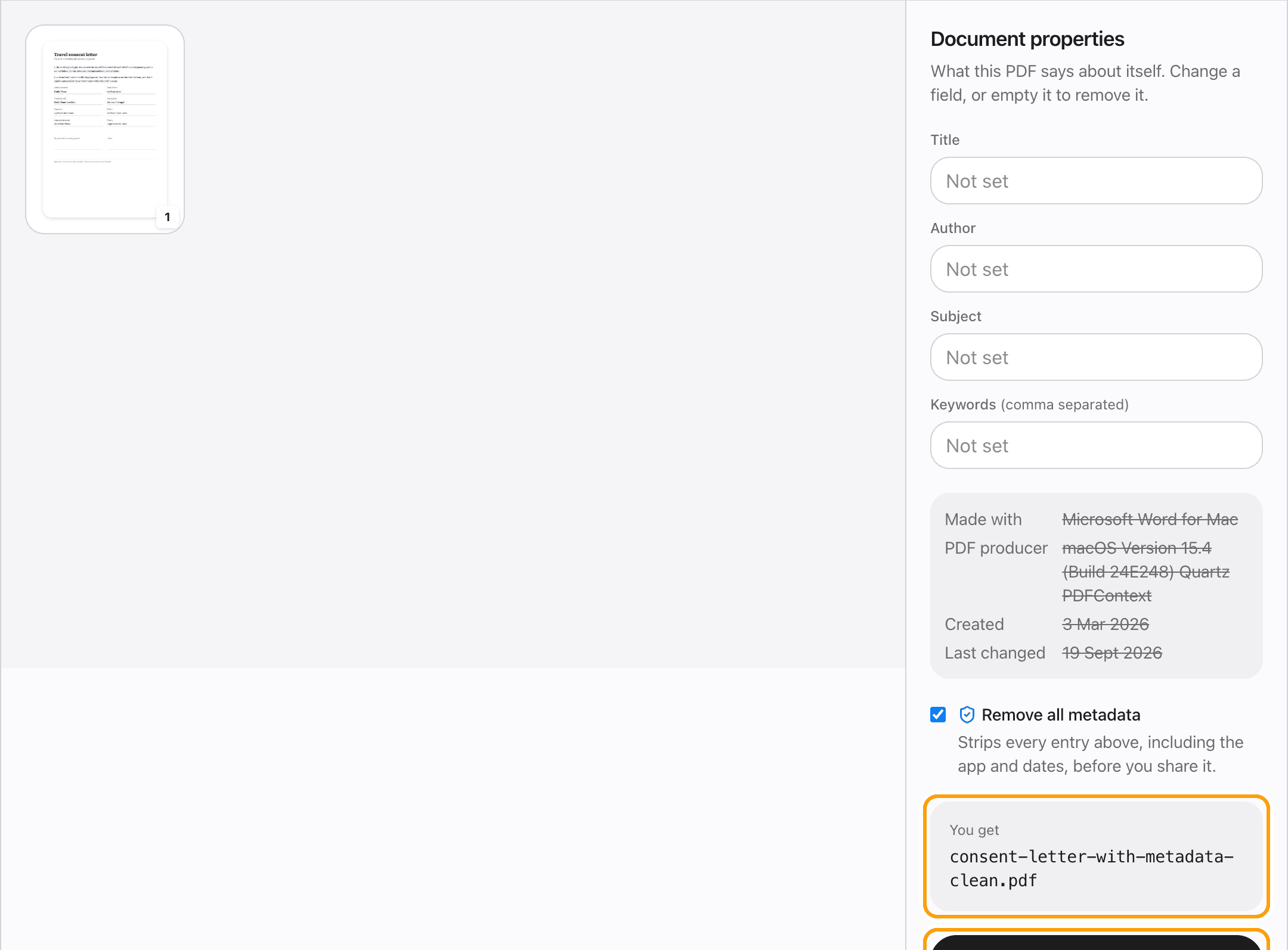 The output file name and the Remove metadata button, highlighted.