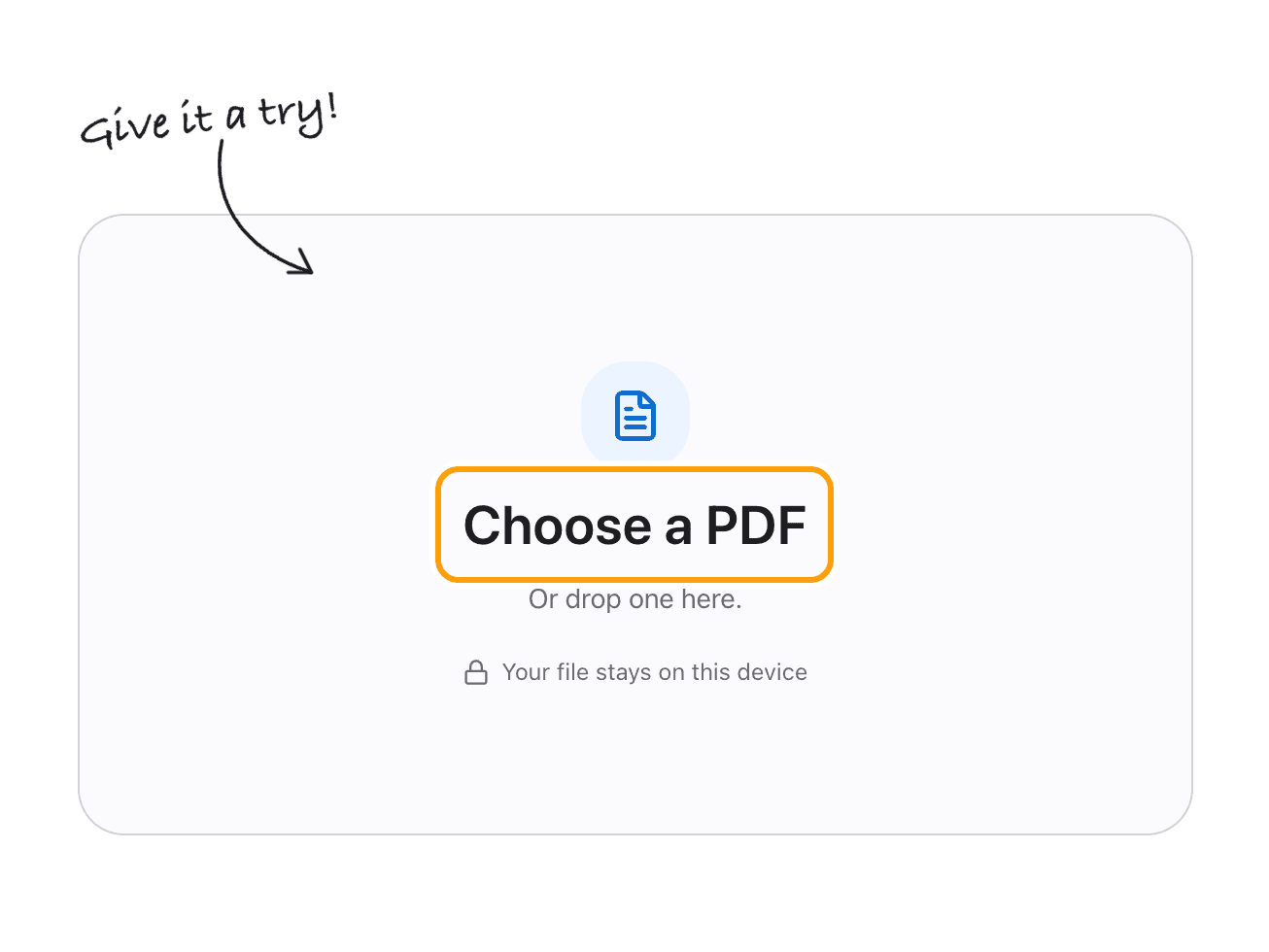 The PDF editor's drop area with Choose a PDF marked