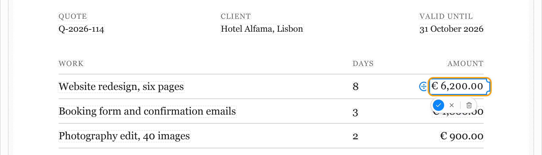 A quote amount open for editing, retyped from 4,800.00 to 6,200.00 in the document's own font