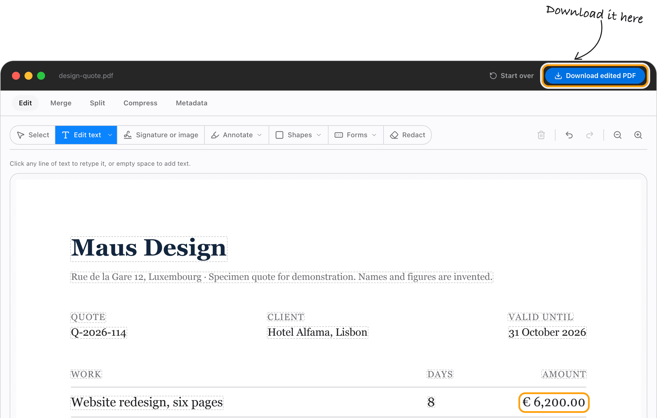 The edited quote showing the new amount, with the Download edited PDF button marked