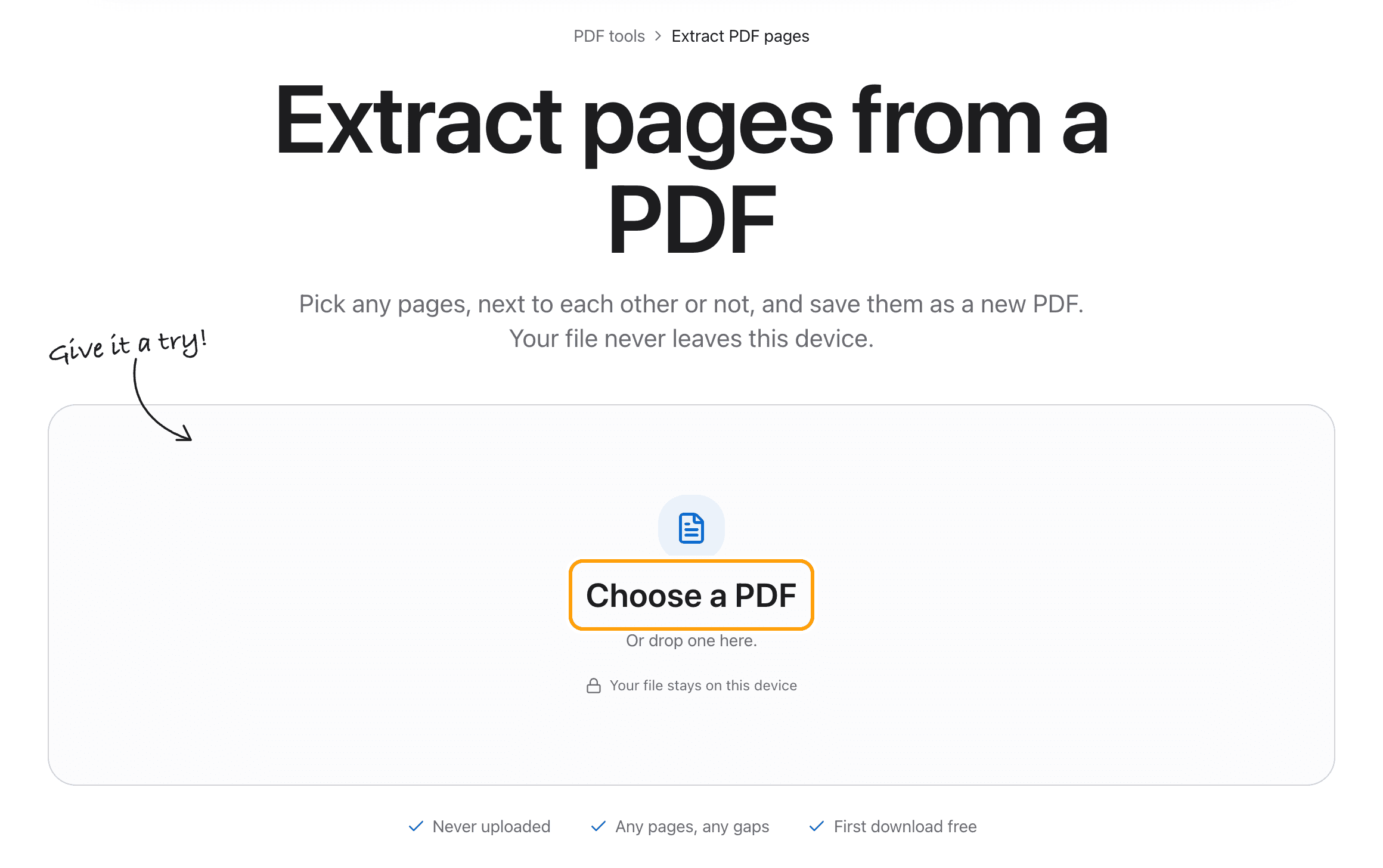 The Extract PDF pages tool before a file is added, with the Choose a PDF box highlighted.