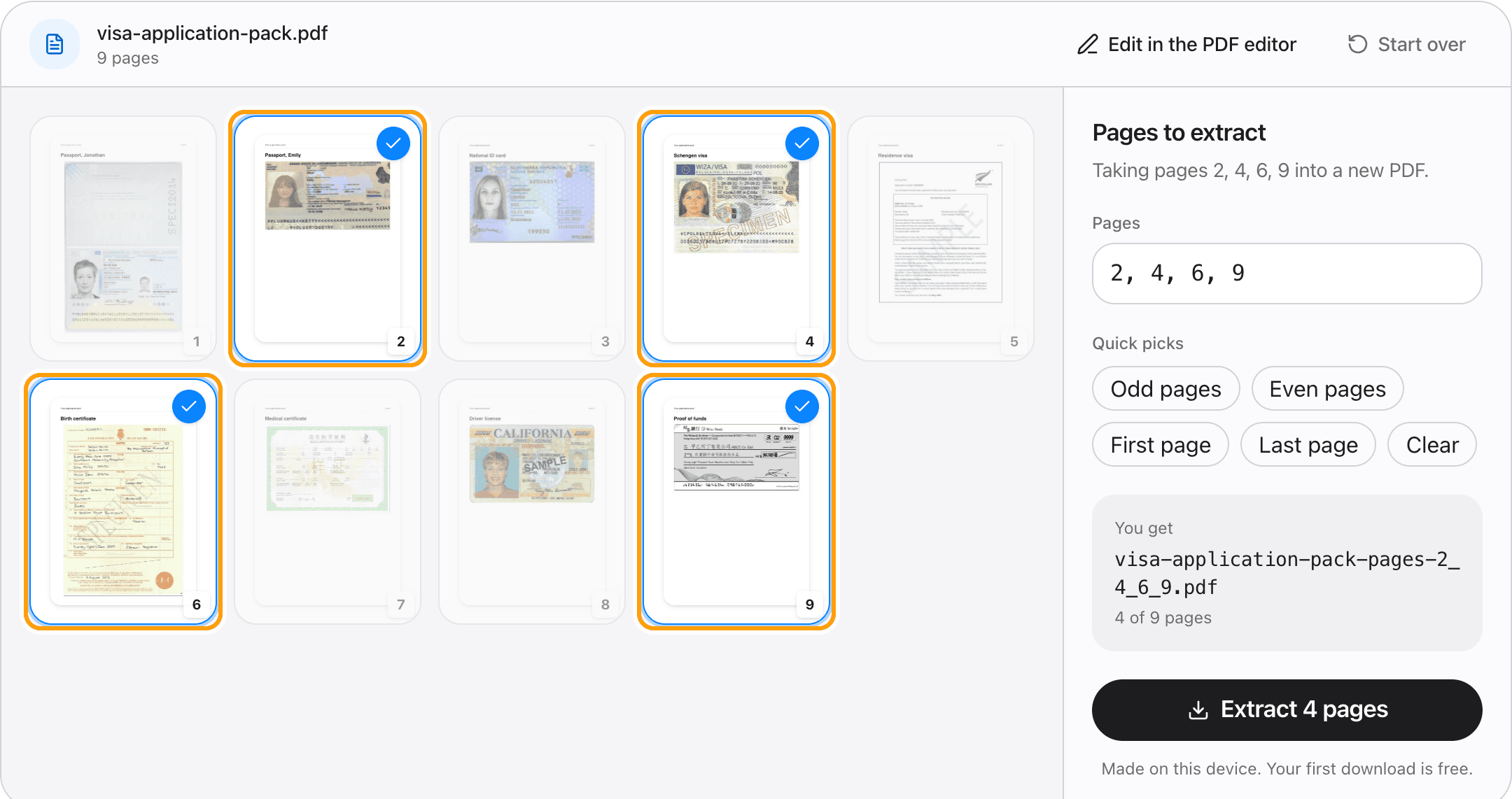 Nine pages of a visa application pack, with the four picked pages ticked and highlighted.