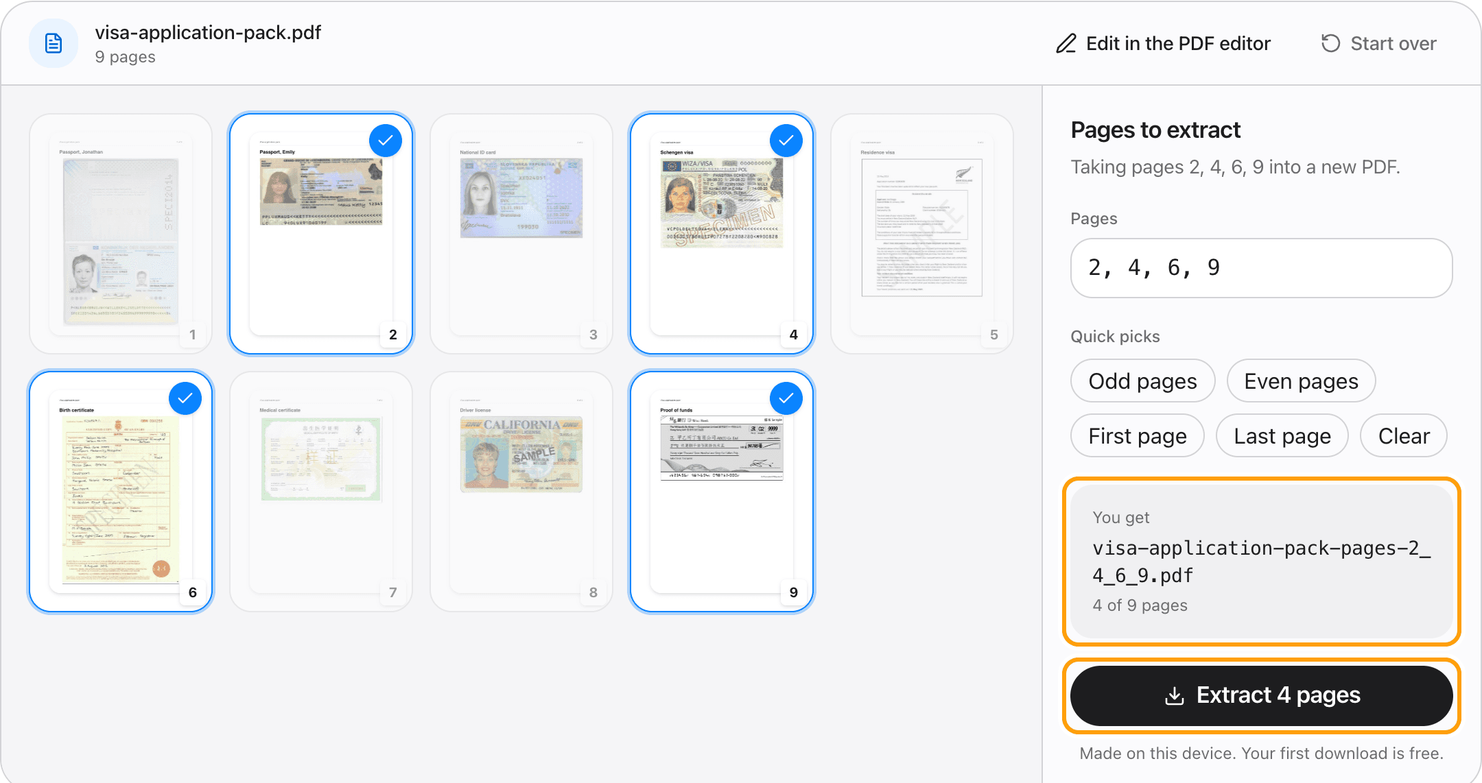 The output file name listing pages 2, 4, 6 and 9, and the Extract 4 pages button, highlighted.