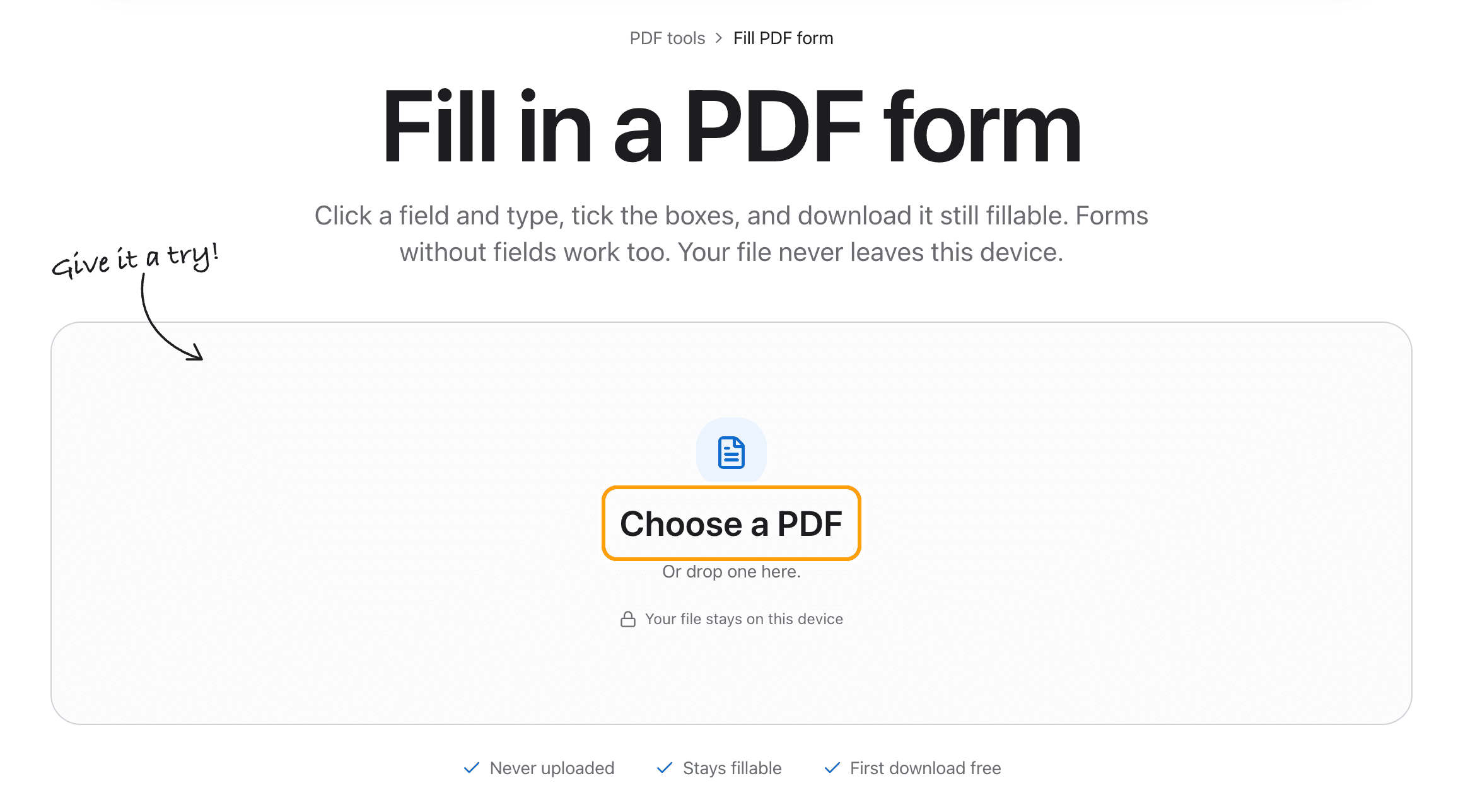 The Fill PDF form tool before a file is added, with the Choose a PDF box highlighted.