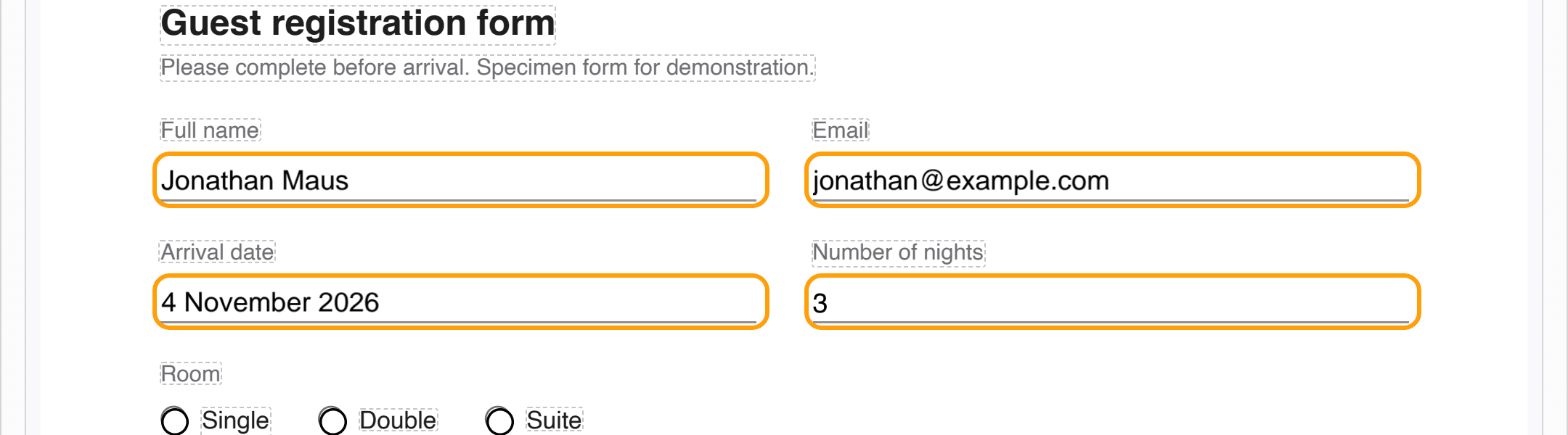A hotel registration form with the name, email, arrival date and nights fields filled in, highlighted.