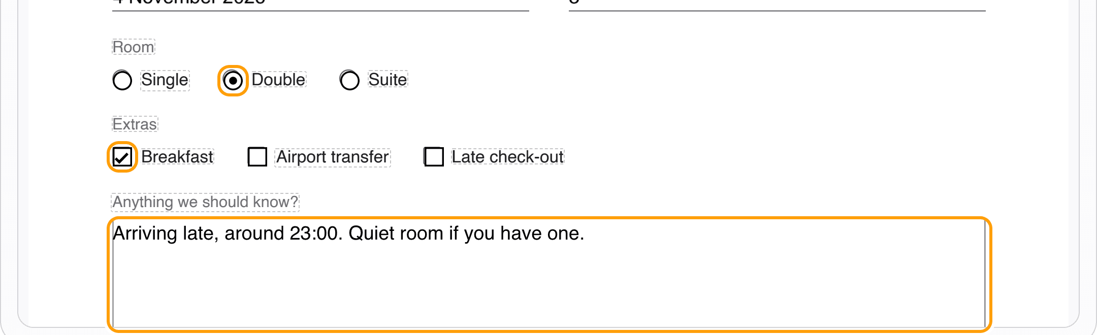 The Double room option and the Breakfast checkbox chosen, and a note typed in the notes box, highlighted.