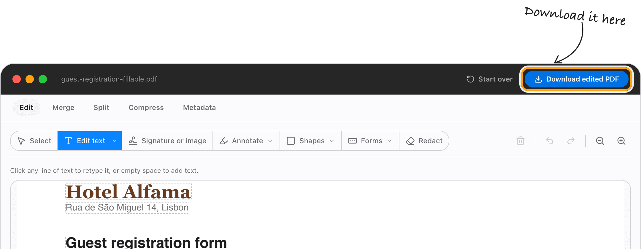 The editor's Download edited PDF button, highlighted, above the filled-in form.