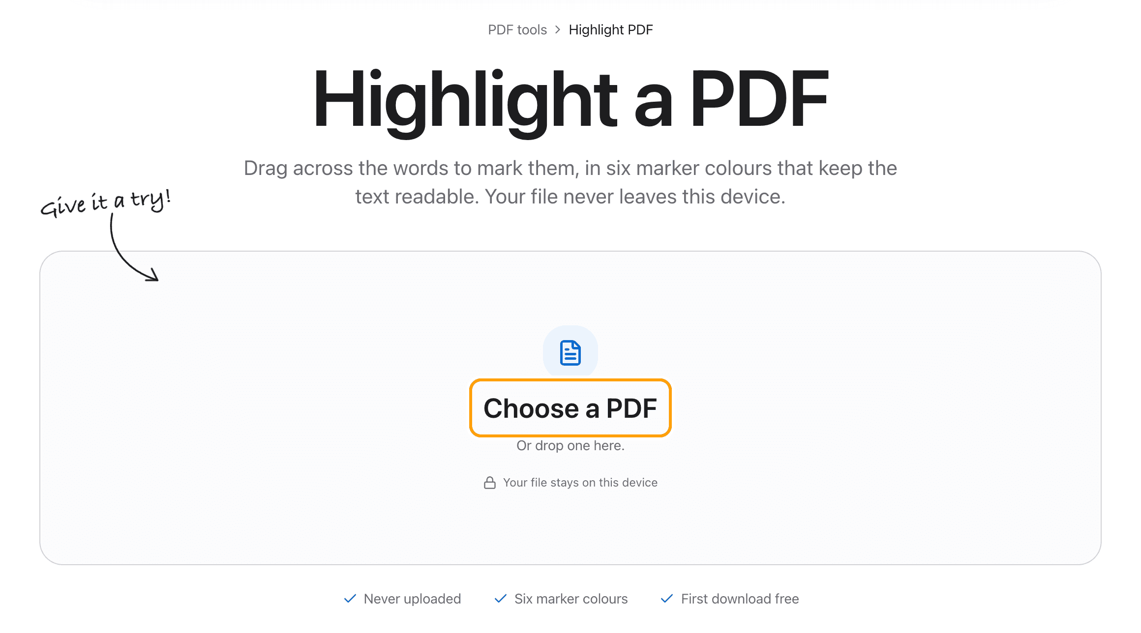 The Highlight PDF tool before a file is added, with the Choose a PDF box highlighted.