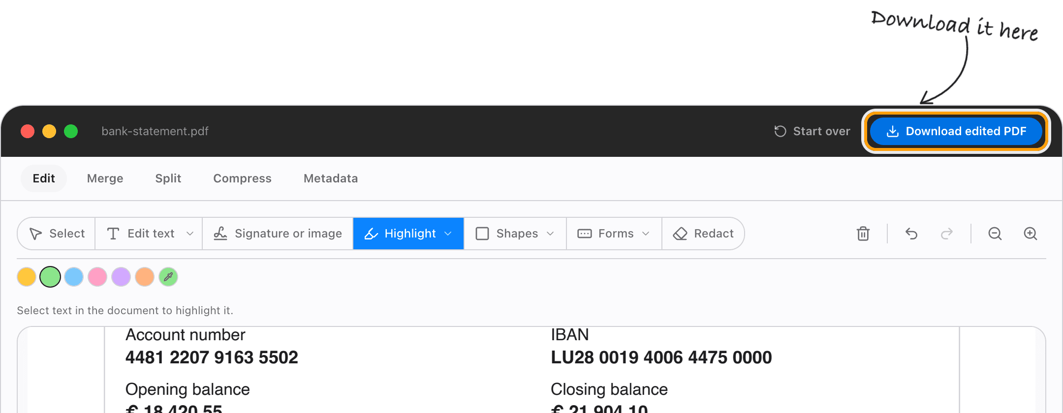 The editor's Download edited PDF button, highlighted, above the highlighted statement.