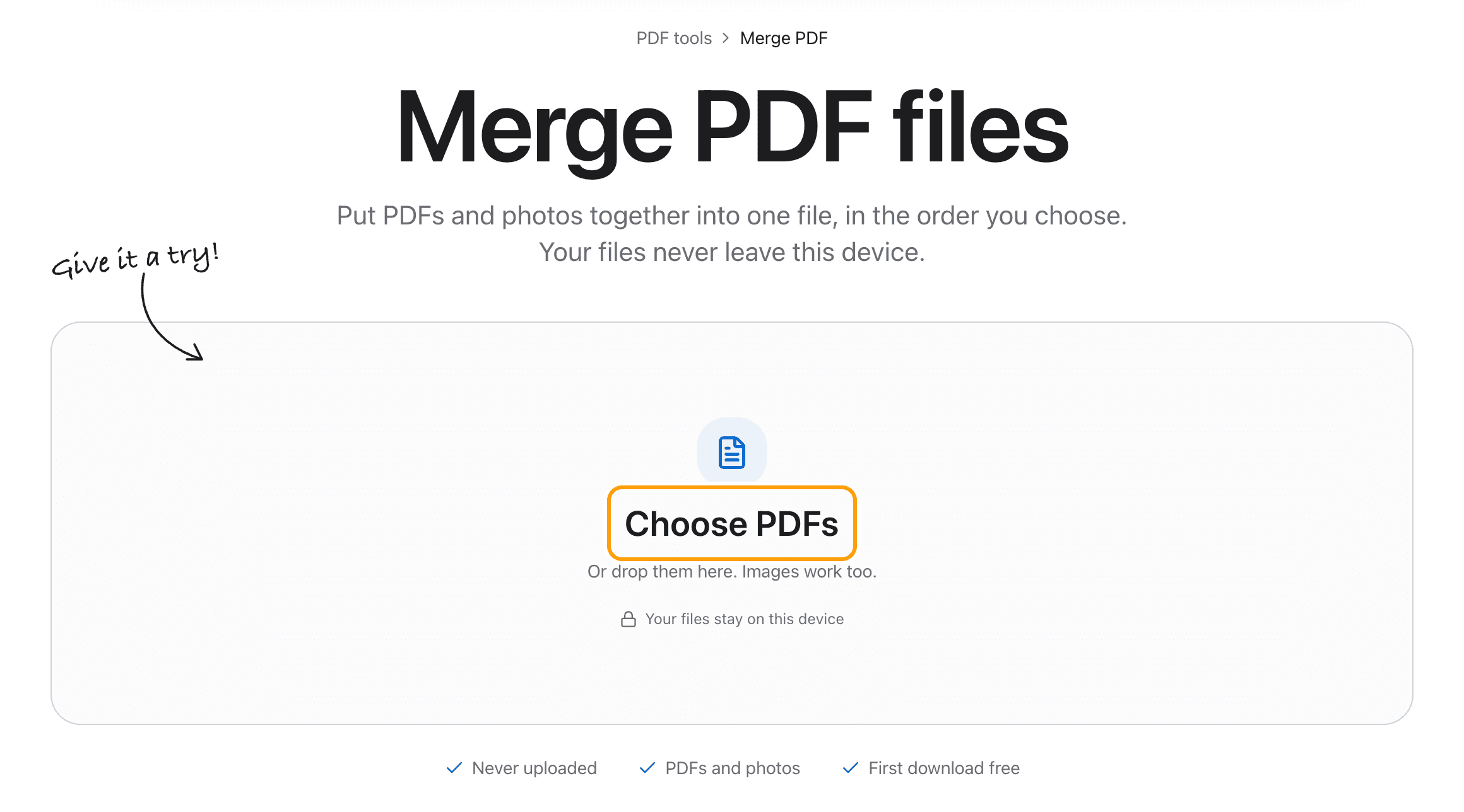 The Merge PDF tool before any files are added, with the Choose PDFs box highlighted.
