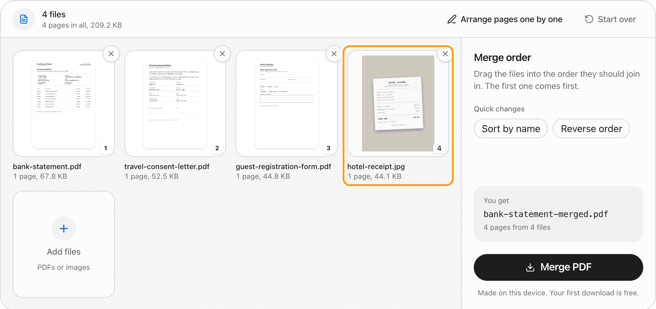 Four file cards, three PDFs and a photo of a hotel receipt, with the receipt that was dragged to the end highlighted.