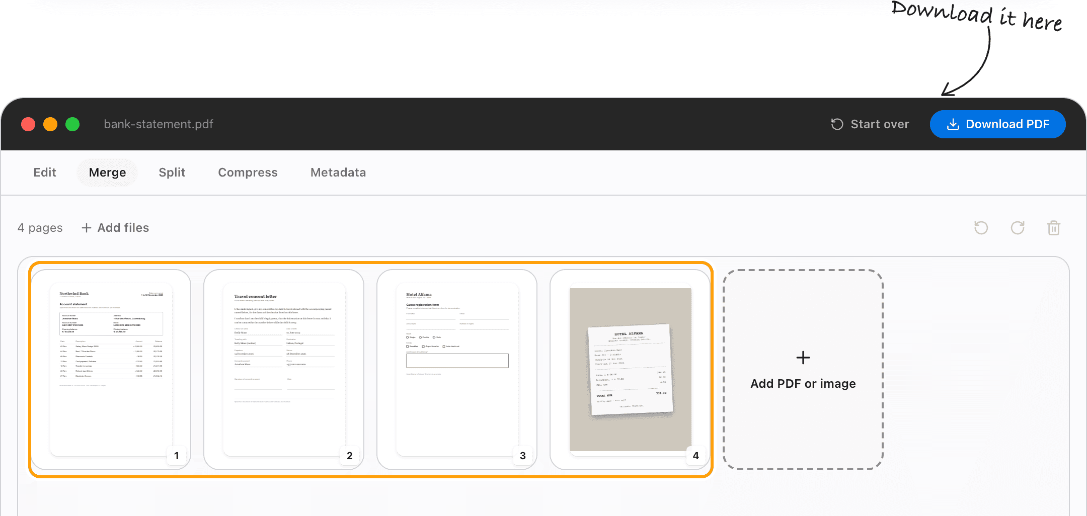 The merged document open in the PDF editor, every page of the four files in one grid, highlighted.