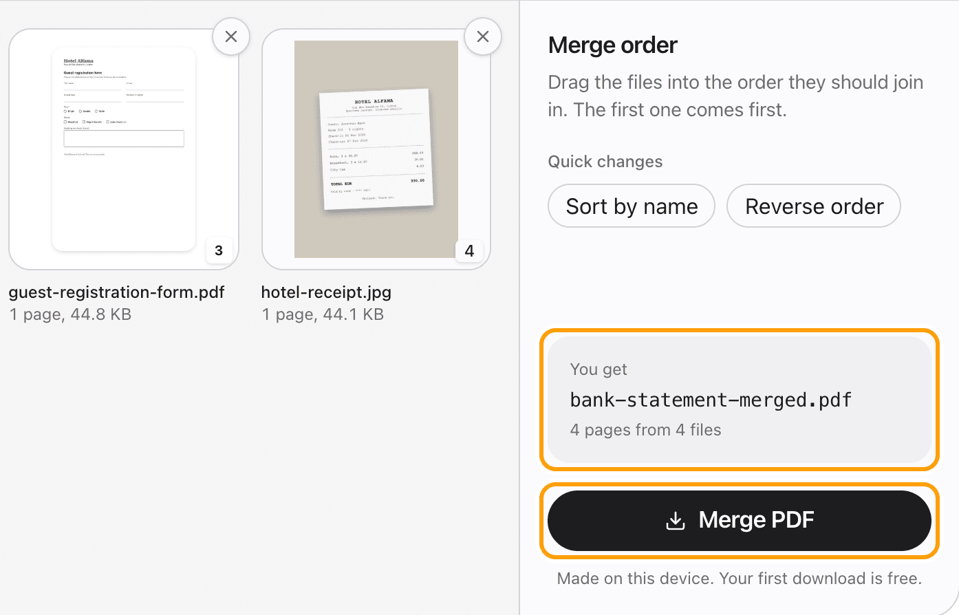 The last two files beside the panel, with the output file name, the page count from four files and the Merge PDF button highlighted.