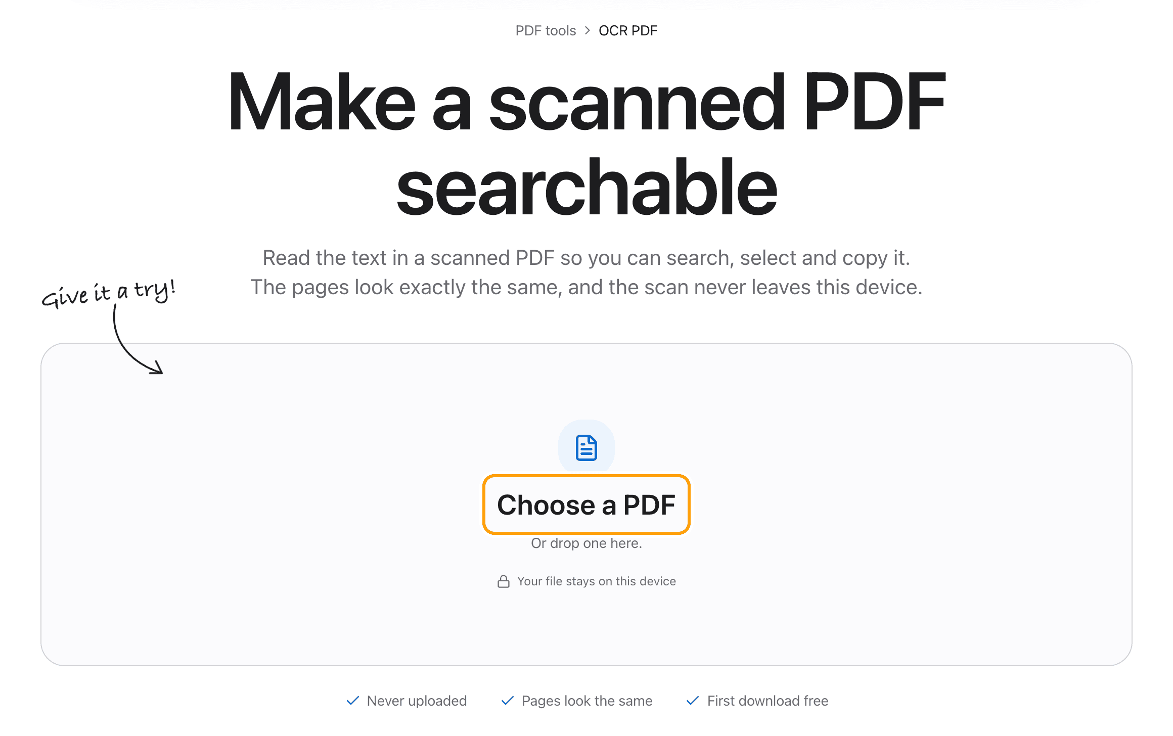 The OCR PDF tool before a file is added, with the Choose a PDF box highlighted.
