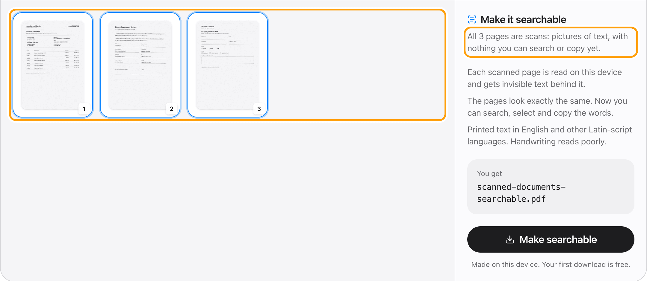 Three scanned pages highlighted, and the panel saying all 3 pages are scans, highlighted.