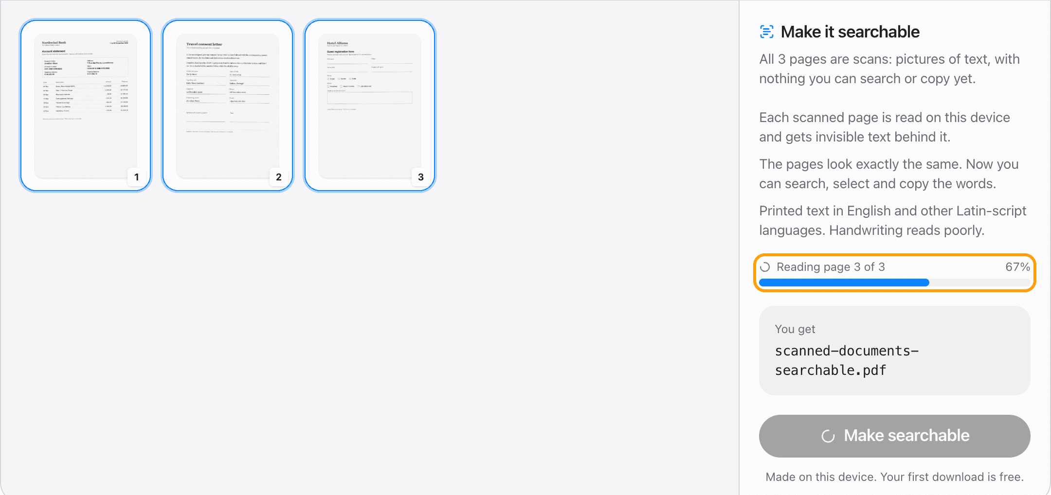 The progress bar reading the scanned pages one by one, highlighted.