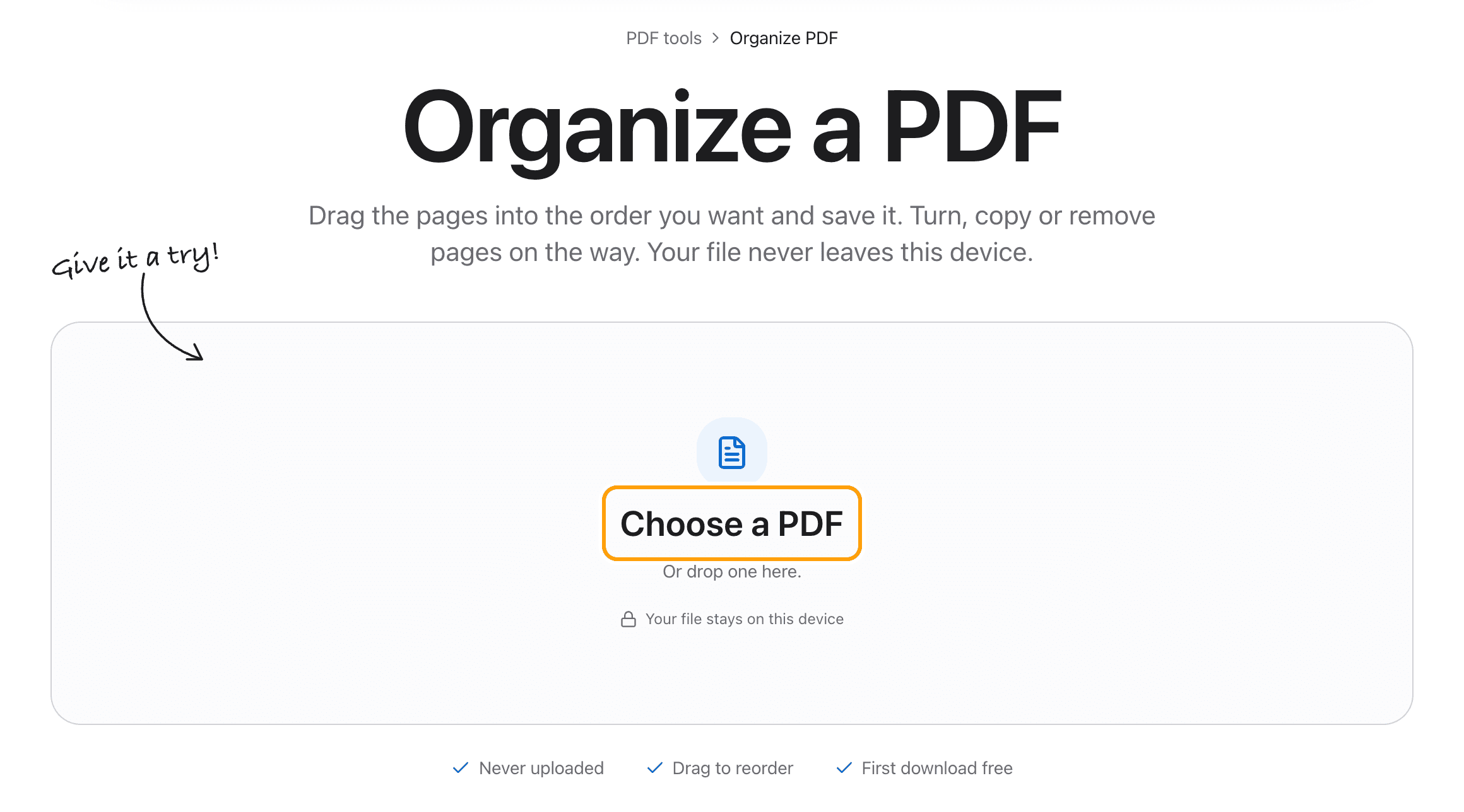 The Organize PDF tool before a file is added, with the Choose a PDF box highlighted.