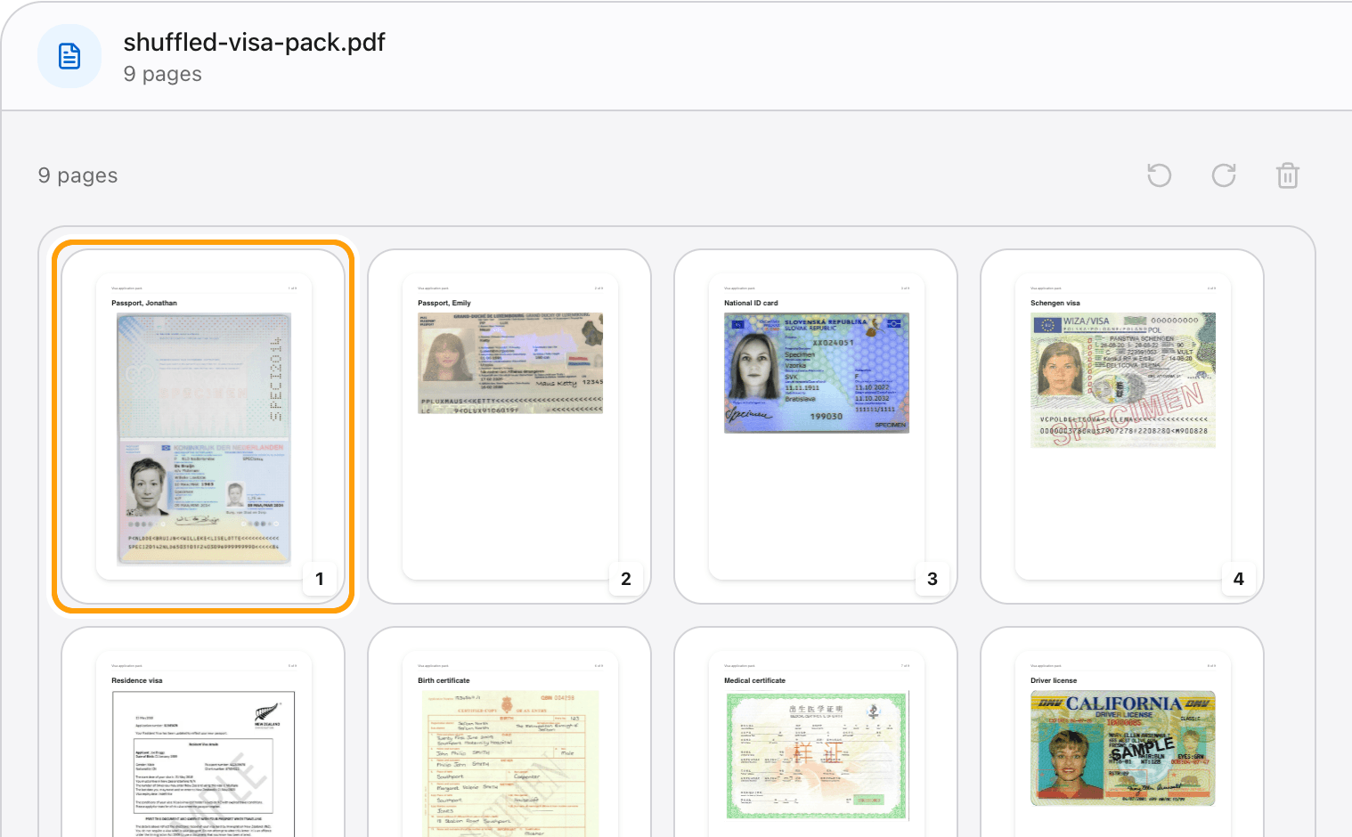 Page thumbnails of a visa application pack with the passport that was last dragged to the front, highlighted.