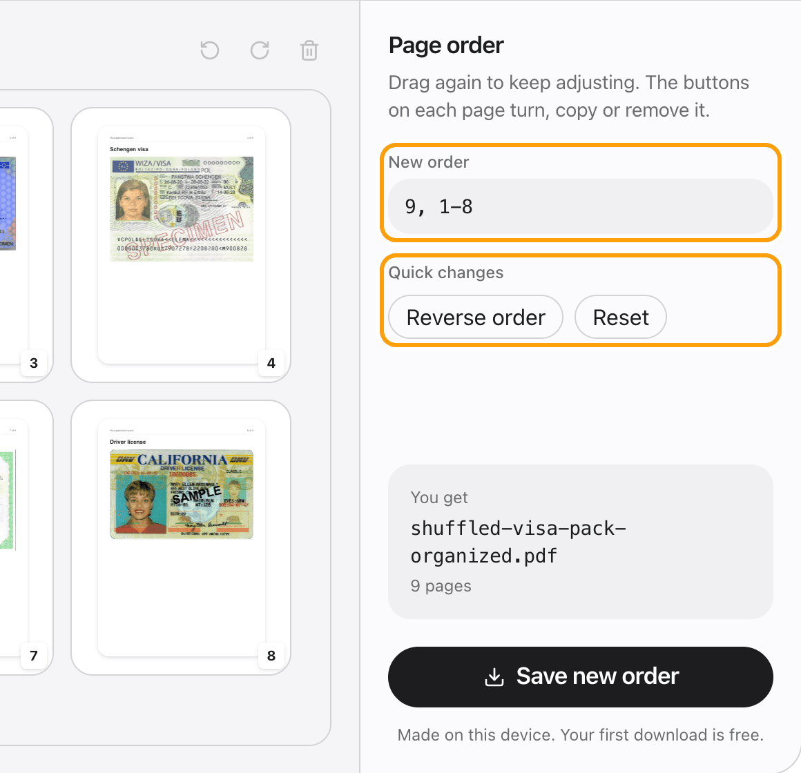The Page order panel showing the new order in page numbers and the Reverse order button, highlighted.