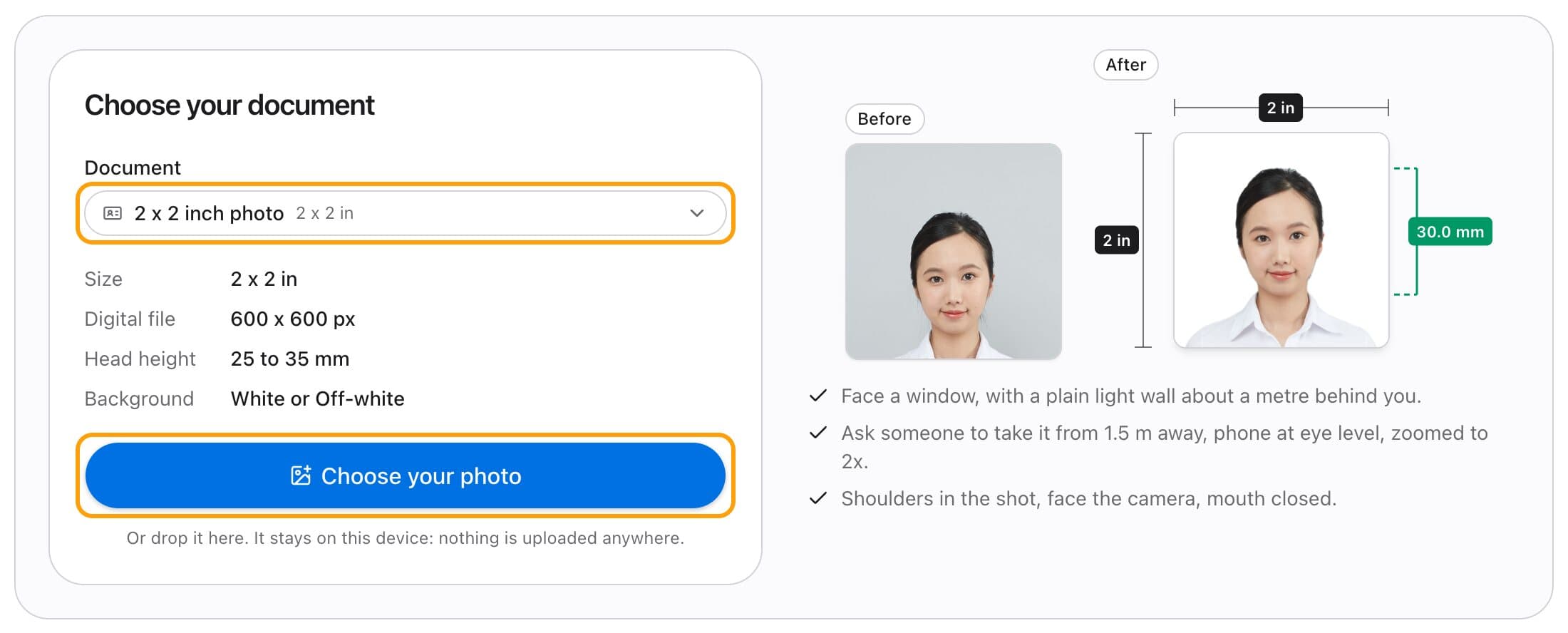 Choosing the 2 x 2 inch photo document, with its size, head height and background listed and the Choose your photo button highlighted.